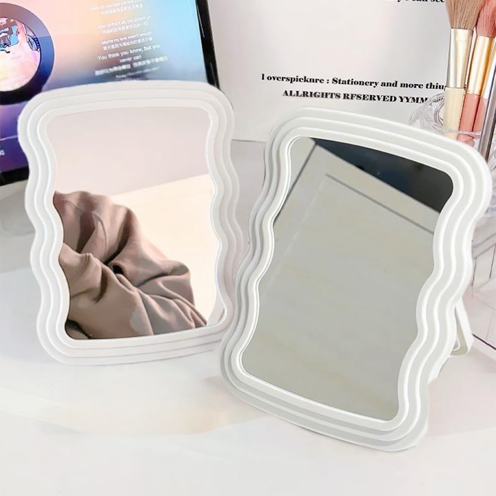 Kzhuim White Wave Foldable Makeup Mirror - Minimalist Desktop Vanity Mirror, Modern Decor For Any Space, Bathroom, Bedroom, Offi