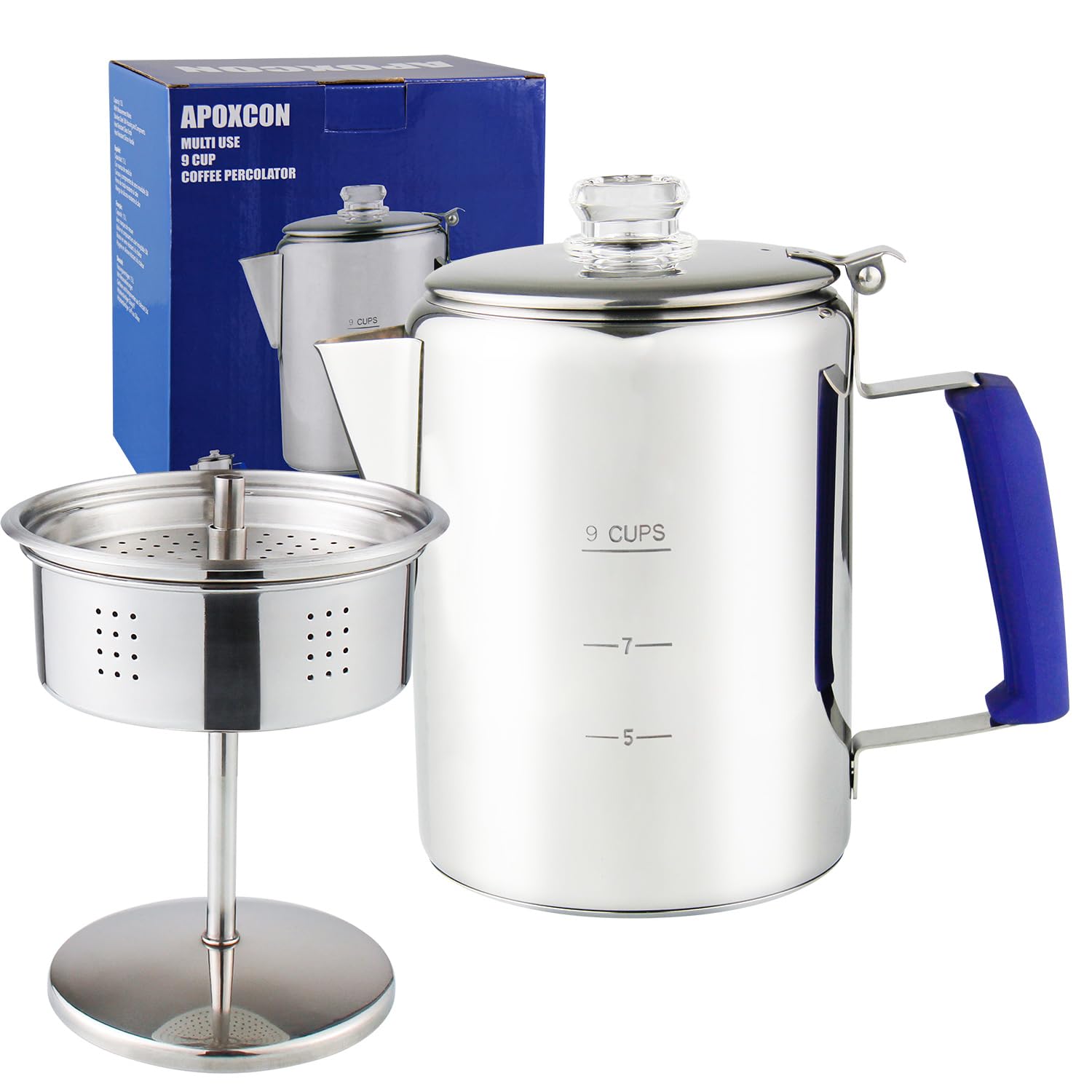Apoxcon Multi Use Coffee Percolator With Heat Resistant Borosilicate Glass Knob & Blue Antiflaming Silica Handle Stainless Steel