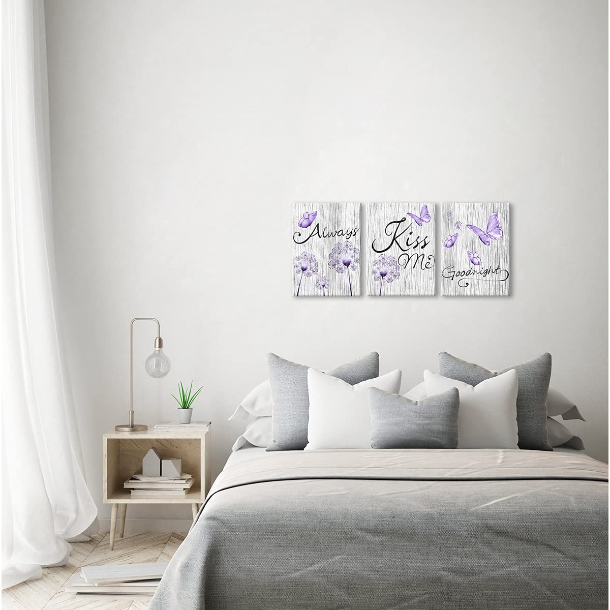 Kalormore Purple Dandelion Butterfly With Always Kiss Me Goodnight Painting Rustic Grey Wooden Textured Lavender Giclee Canvas W