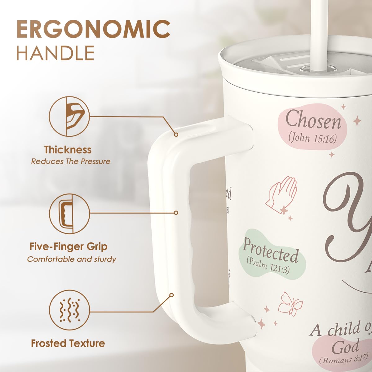 Christian Gift for Women - Inspiration Insulated Stainless Steel Tumbler with Handle and Straw - Religious Gifts for Birthday Ch
