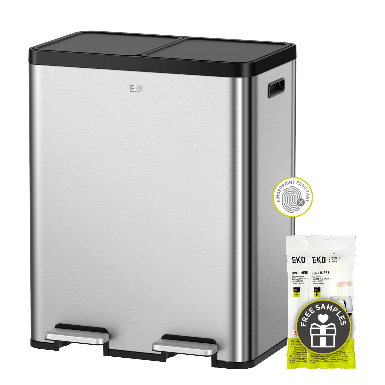 Eko Essential 8+8 Gallon Dual Trash Can, Kitchen Step Recycle Trash Can With Dual Removable Bucket, Independent Lids And Pedals,