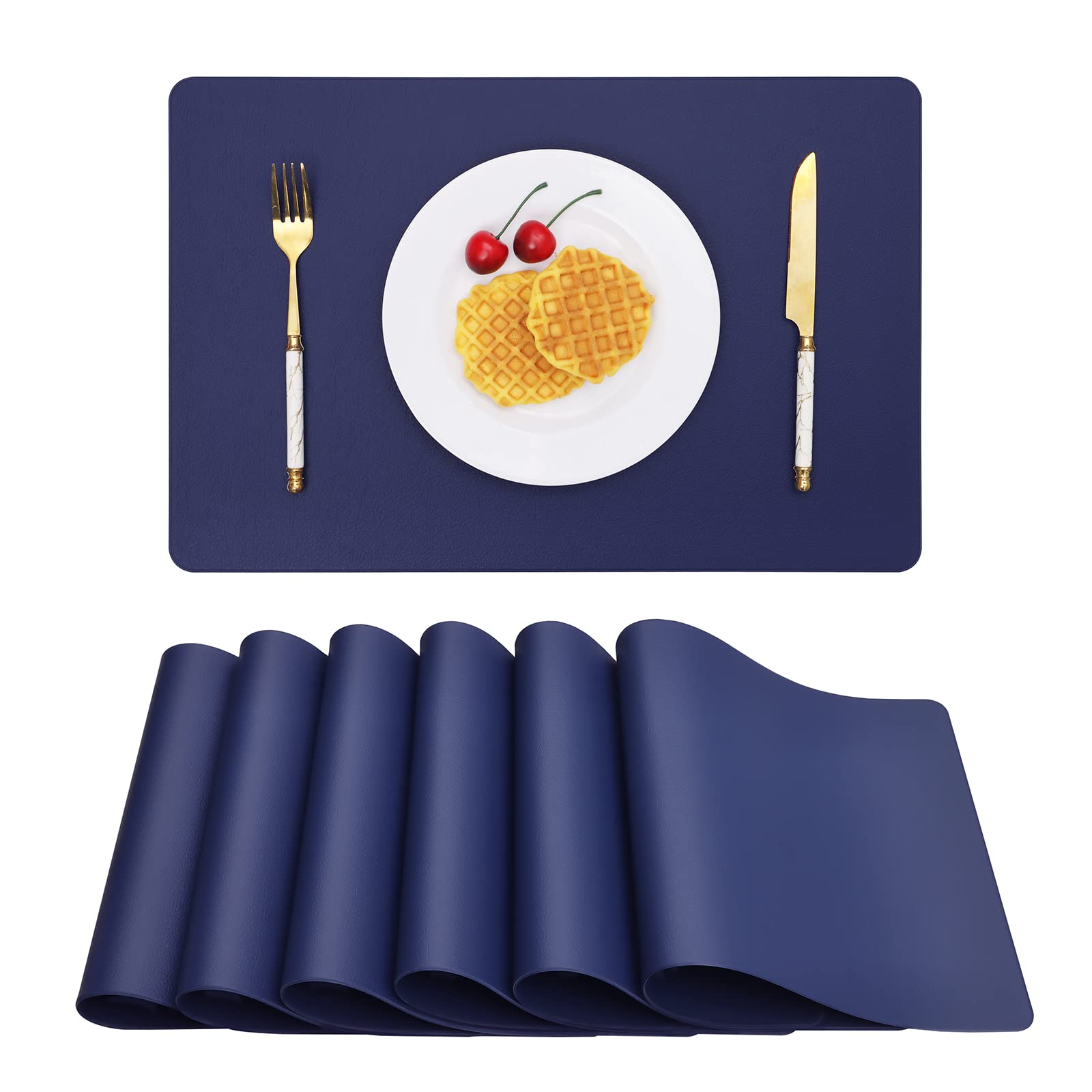 Vinjiasin Placemats Set Of 6 Navy Blue Leather Place Mats For Indoor Outdoor Kitchen Dining Table Mats Waterproof Wipeable Heat