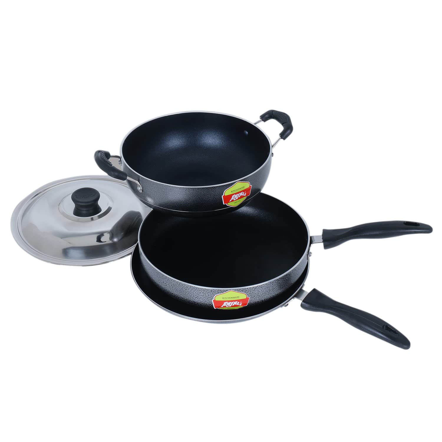 Anjali Vista Nonstick 3Pcs Cookware Gift Set With Bakelite Handle, Dosa Tawa 250Mm, Fry Pan 240Mm, Kadai With Lid  2Ltr (Gas St