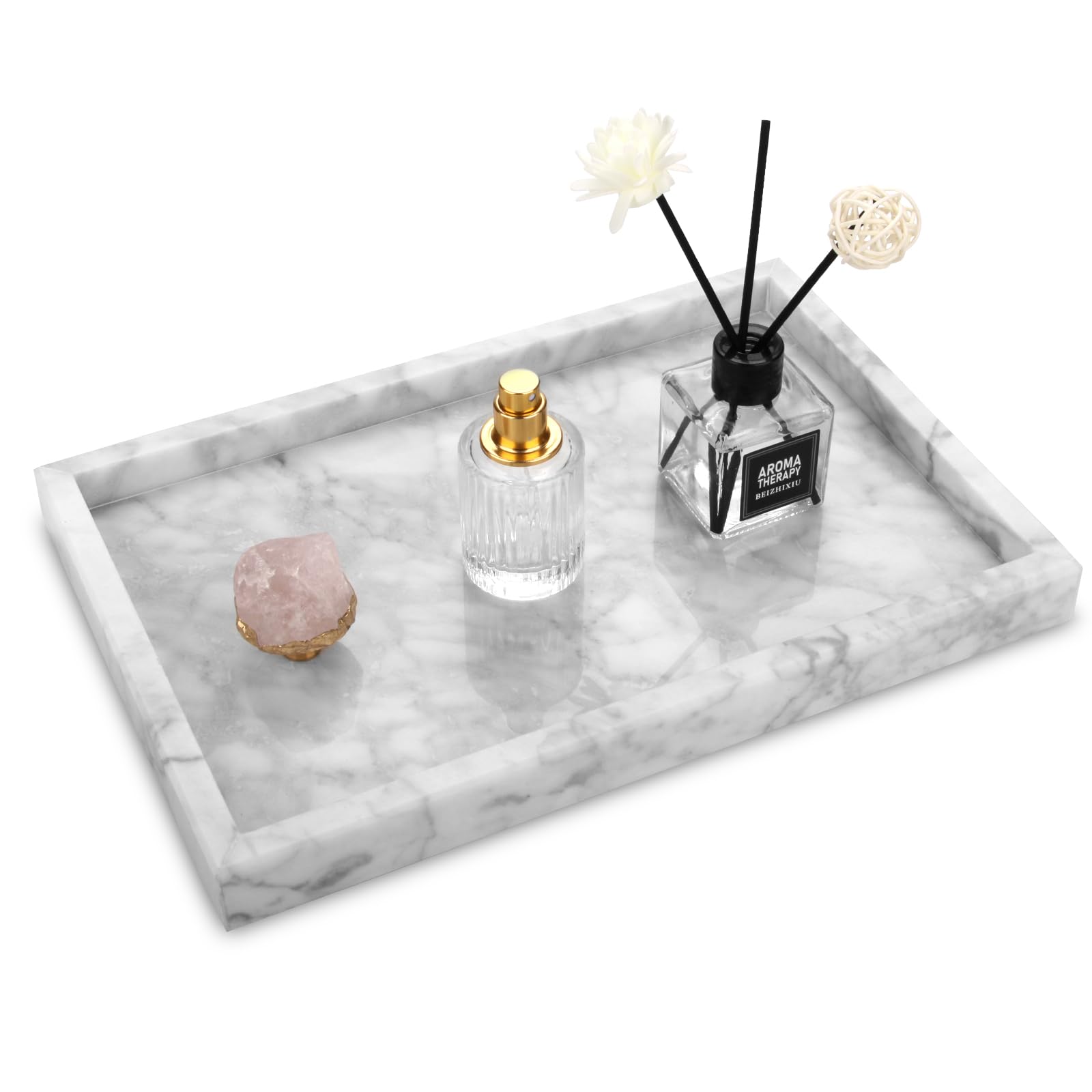 Heshibi Marble Bathroom Vanity Tray, Natural Luxury Carrara Vanity Home Kitchen Bathroom Table Tray, Stone Decorative Countertop
