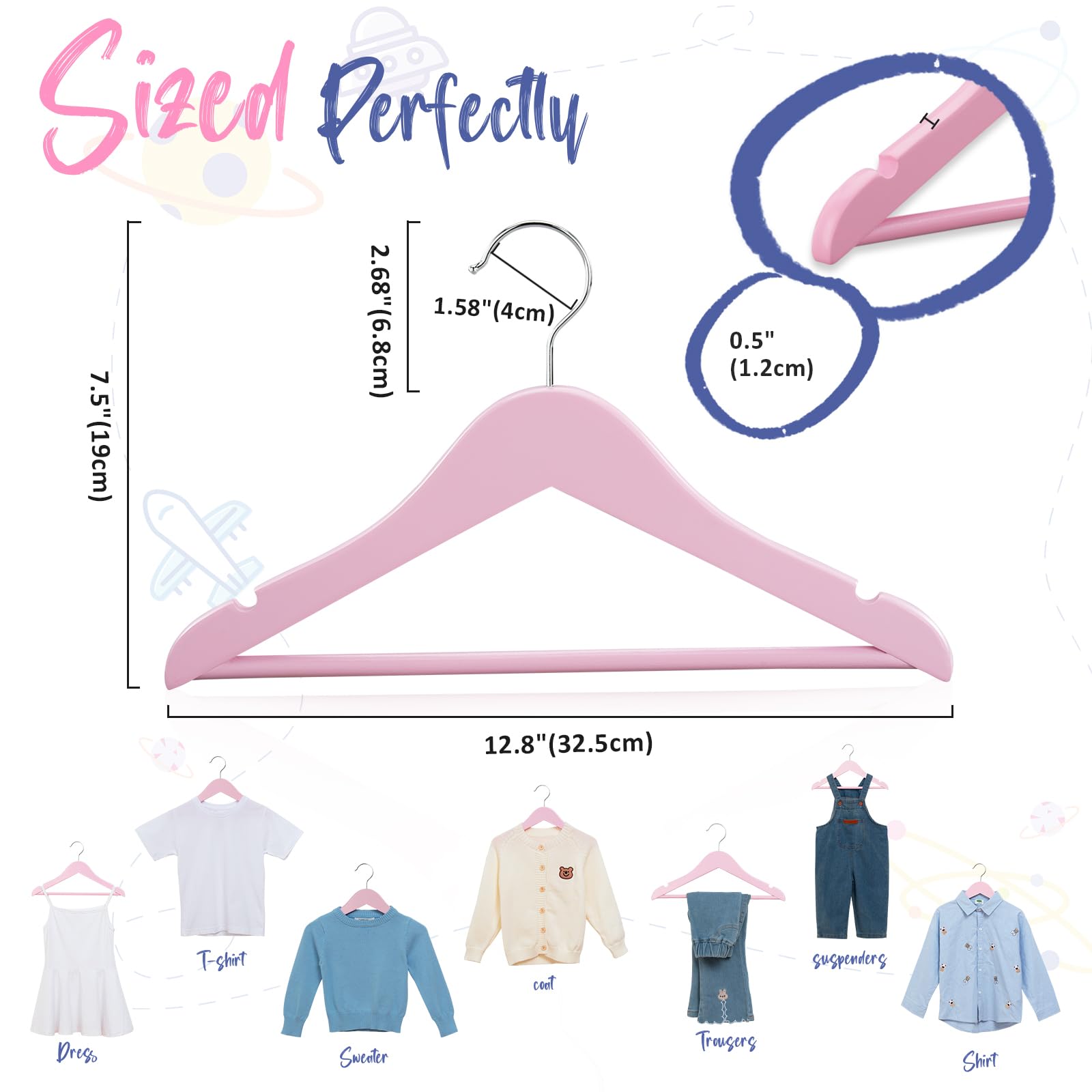 Fairyhaus Kids Wooden Hangers 20Pack Pink, 12.8 Inch Baby Wooden Hangers For Closet, Anti-Rust 360 Swivel Hook, Notches & Smooth