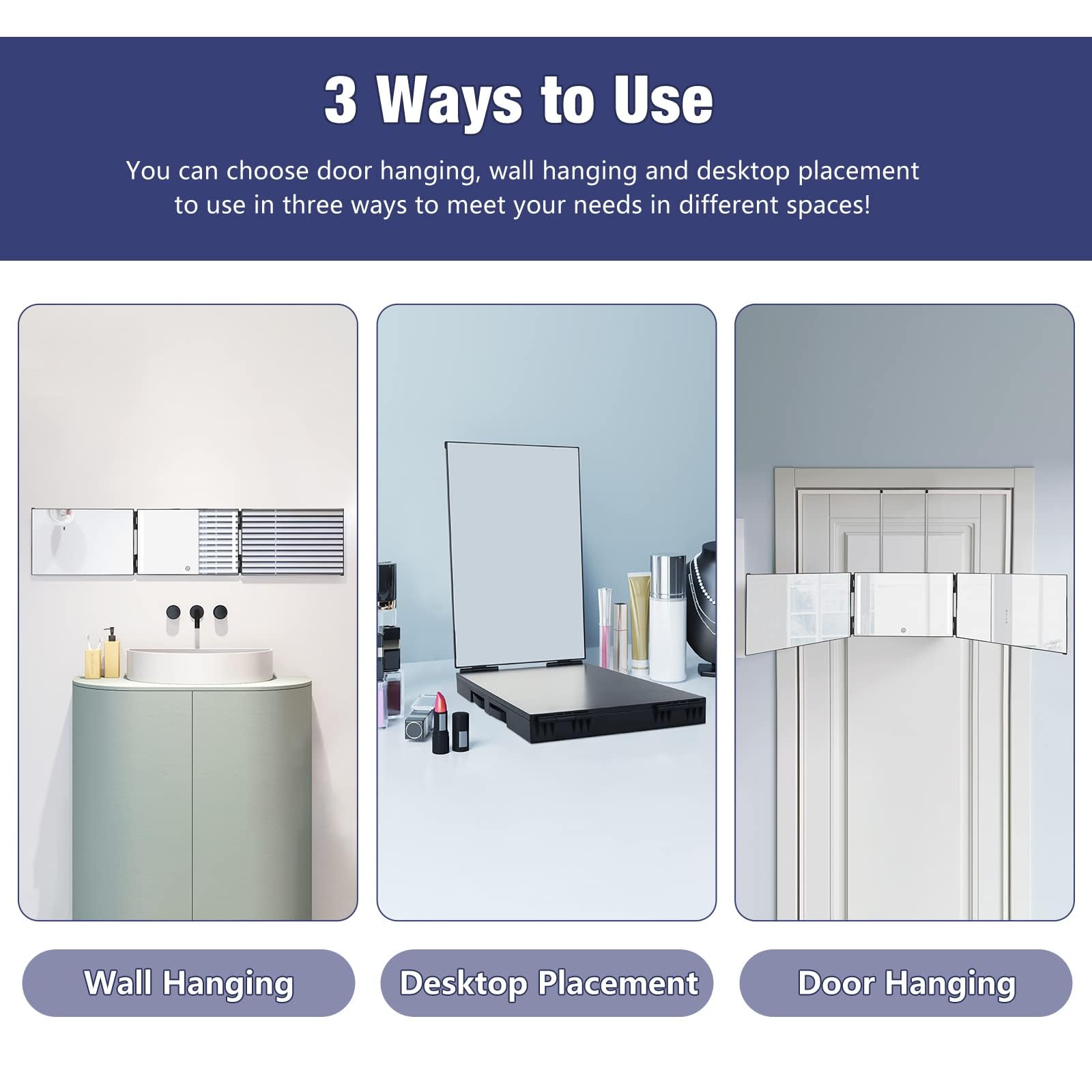 Dripex 3 Way Mirror With Storage Shelf And 3 Color Led Lights, Rechargeable Trifold Self Haircut 360 Mirror With Height Adjustab
