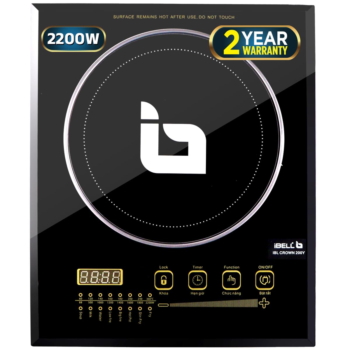 Ibell Crown200Y Induction Cooktop 2200 Watt, Auto Shut Off, 2 Year Warranty, Crystal Glass Top, Touch Buttons, 8 Cooking Modes, 