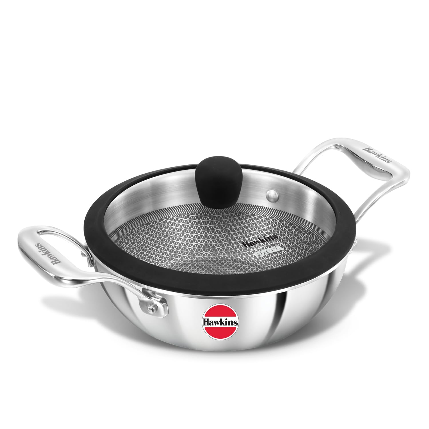 Hawkins Pro 1.5 Litre Shielded Nonstick Triply Deep-Fry Pan, Kadhai With Stainless Steel Handles And Glass Lid, Silver (Psnk15G)