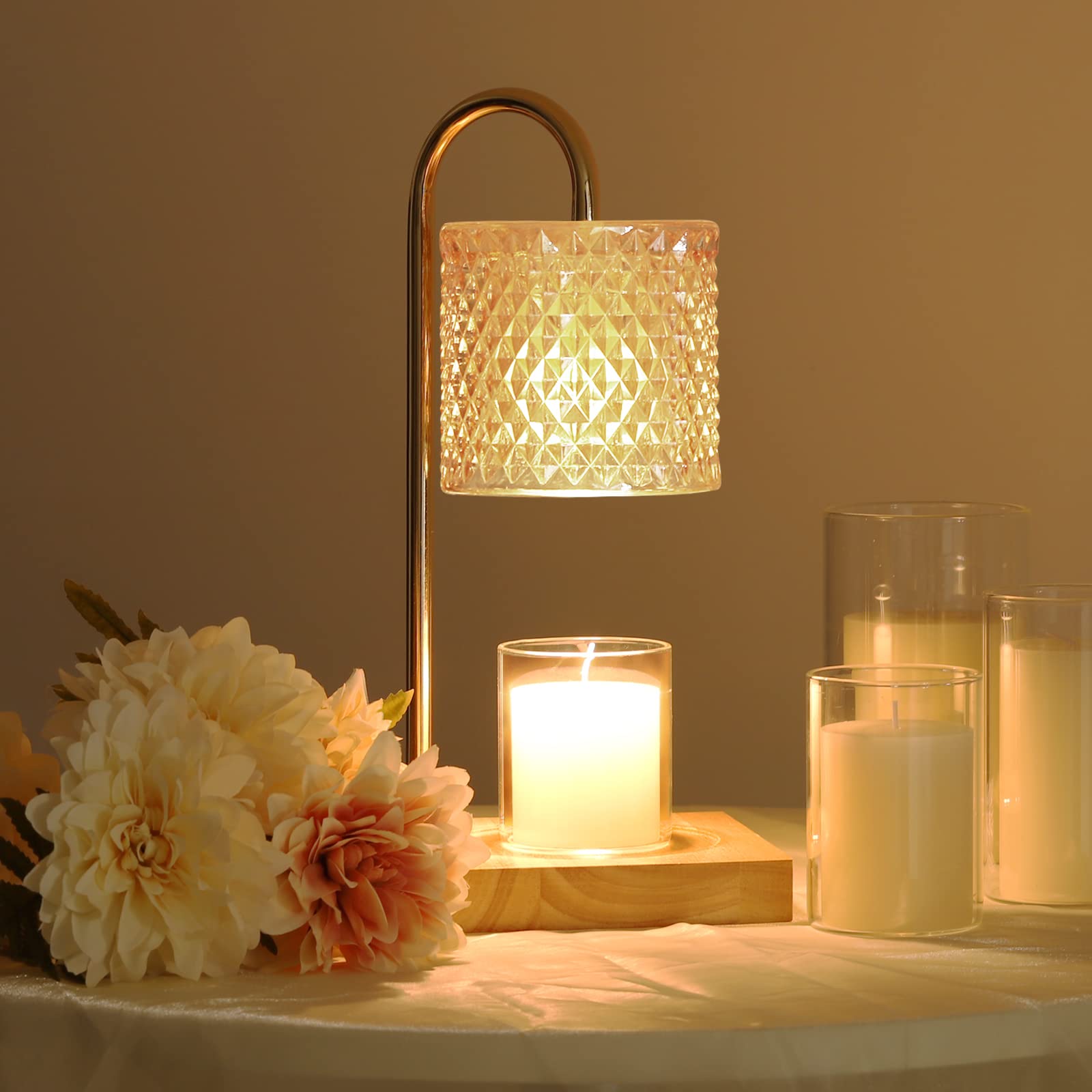 Elegant Candle Lamp with Bulbs, Timer and Dimmer - Compatible with All Jar Candles for Scented Wax Melting - Amber Glass Candle 