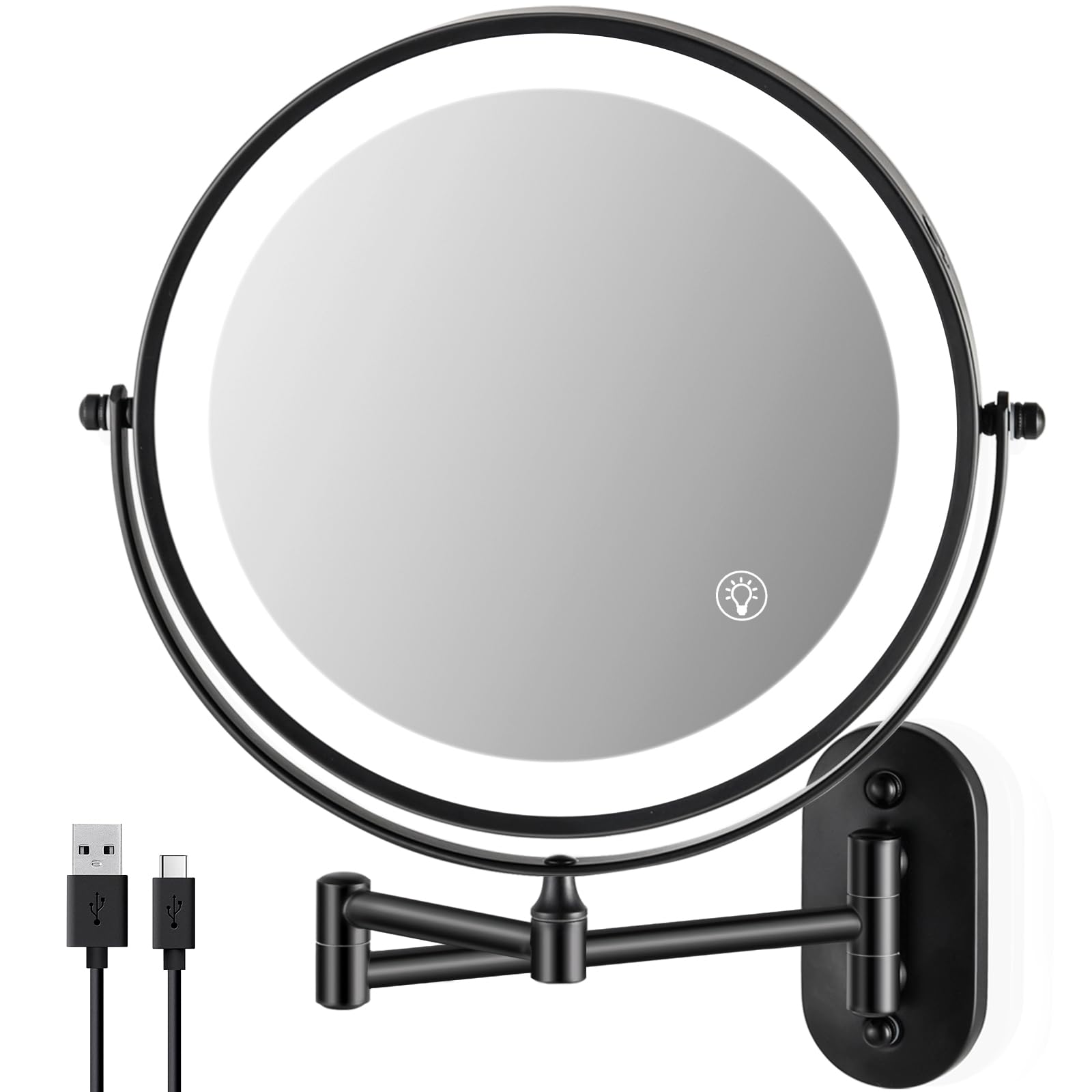 Rechargeable Wall Mounted Makeup Mirror, 8.5 Inch Double-Sided 1/10X Magnifying Bathroom Mirror With 3 Color Lights, Lighted Van