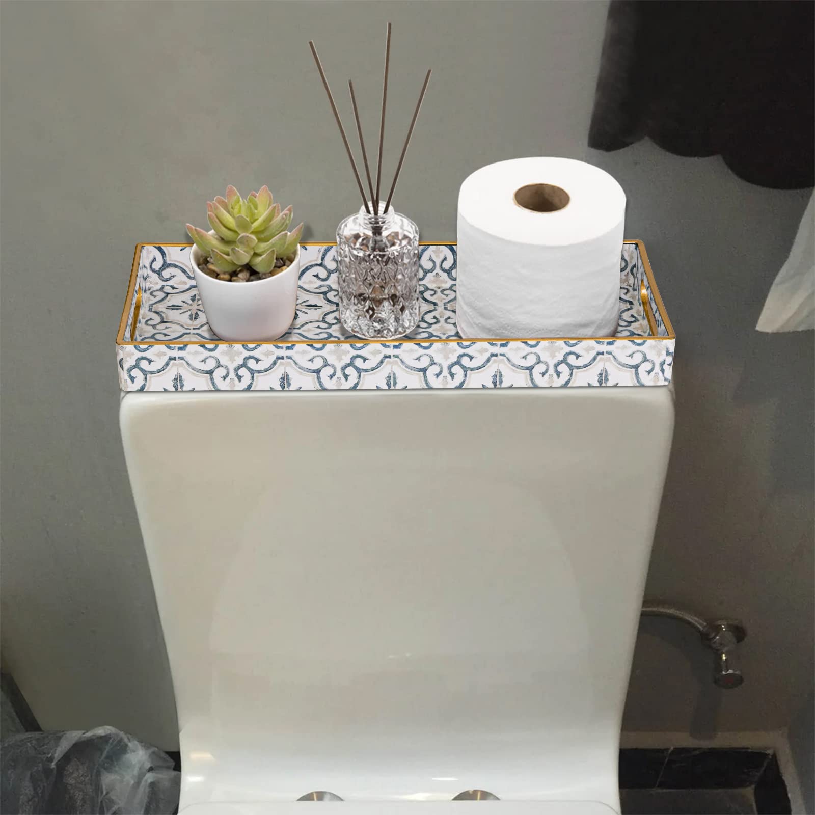 Maoname White Decorative Tray, Plastic Vanity Tray With Handles, Rectangular Moroccan Tray, Long Narrow Tray For Bathroom, Toile