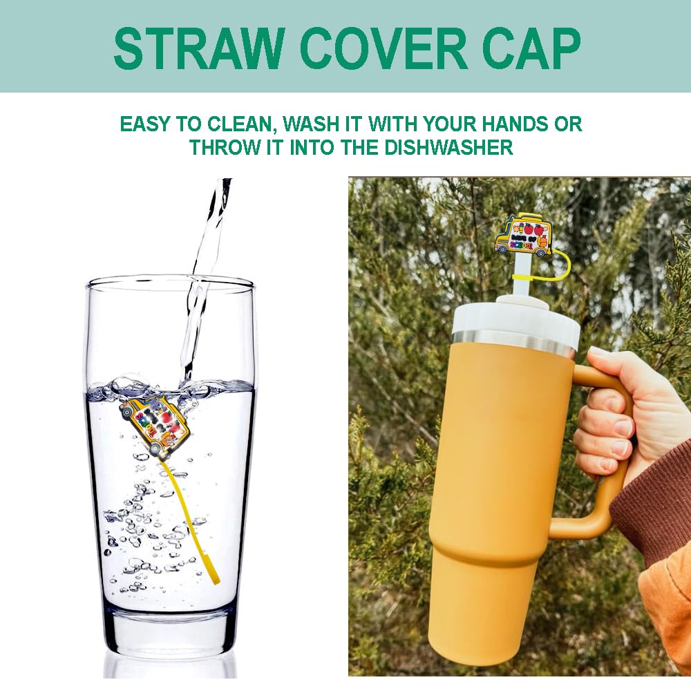 Stracoupi Bus Back To School Silicone Straw Covers For Stanley Cup, Reusable, Cute Straw Toppers Accessories For Tumblers, 2Pcs