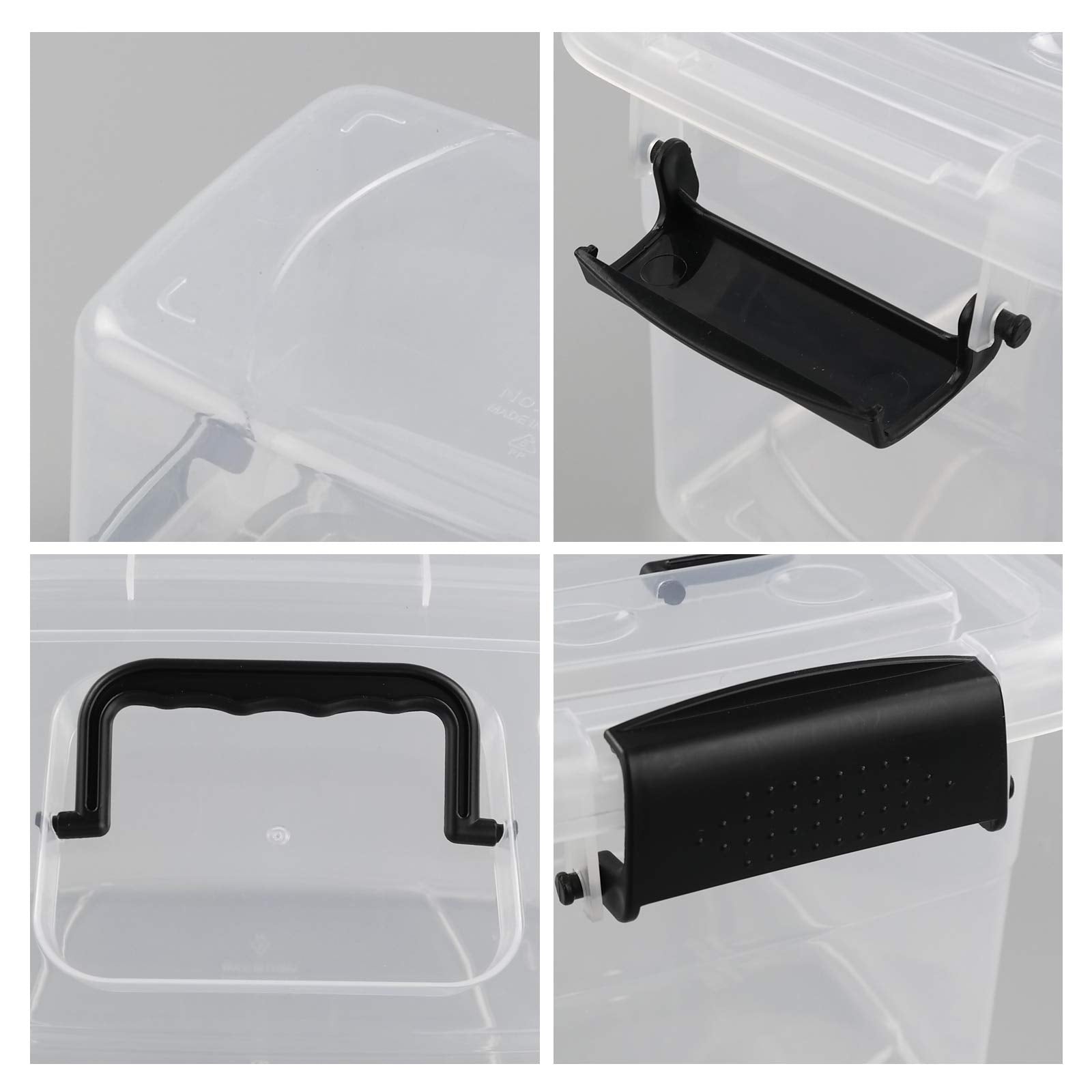 Jandson 5 Quart Clear Storage Bin, Latching Box Container With Black Handle, 6 Packs