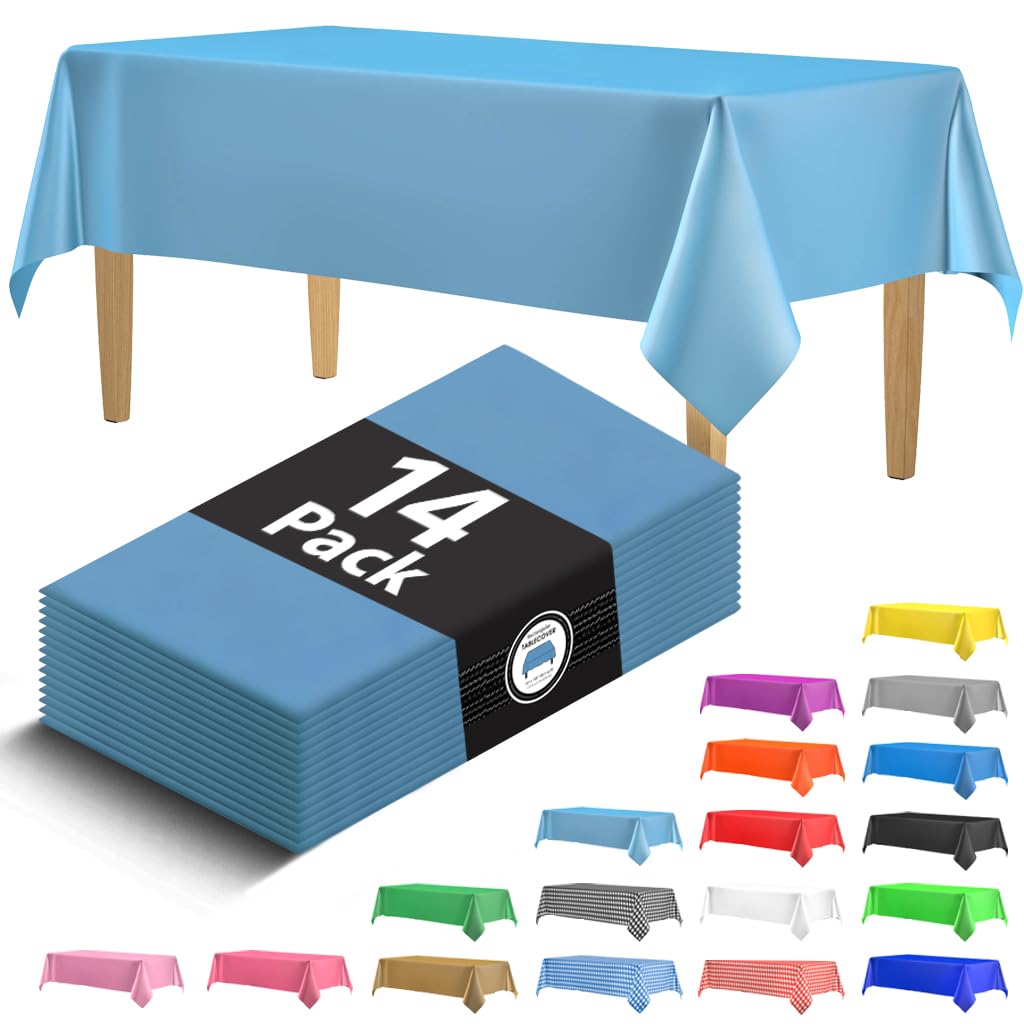 14 Pack Premium Sky Blue Plastic Tablecloth - 54 X 108 In. Disposable Rectangle Plastic Table Cloth - Decorative Rectangle Table