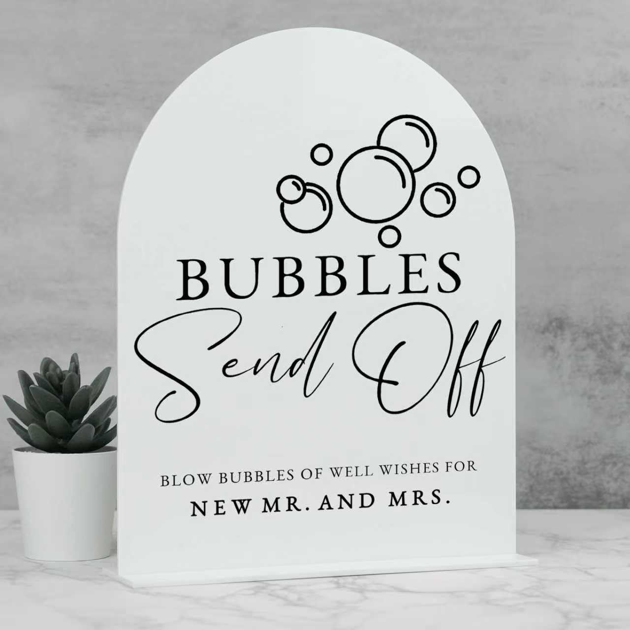 White Arch Acrylic Wedding Sign- 8x10 Bubbles Send Off Sign and Base,1/8 Thick | Modern Calligraphy Arched Acrylic Signs for Wed