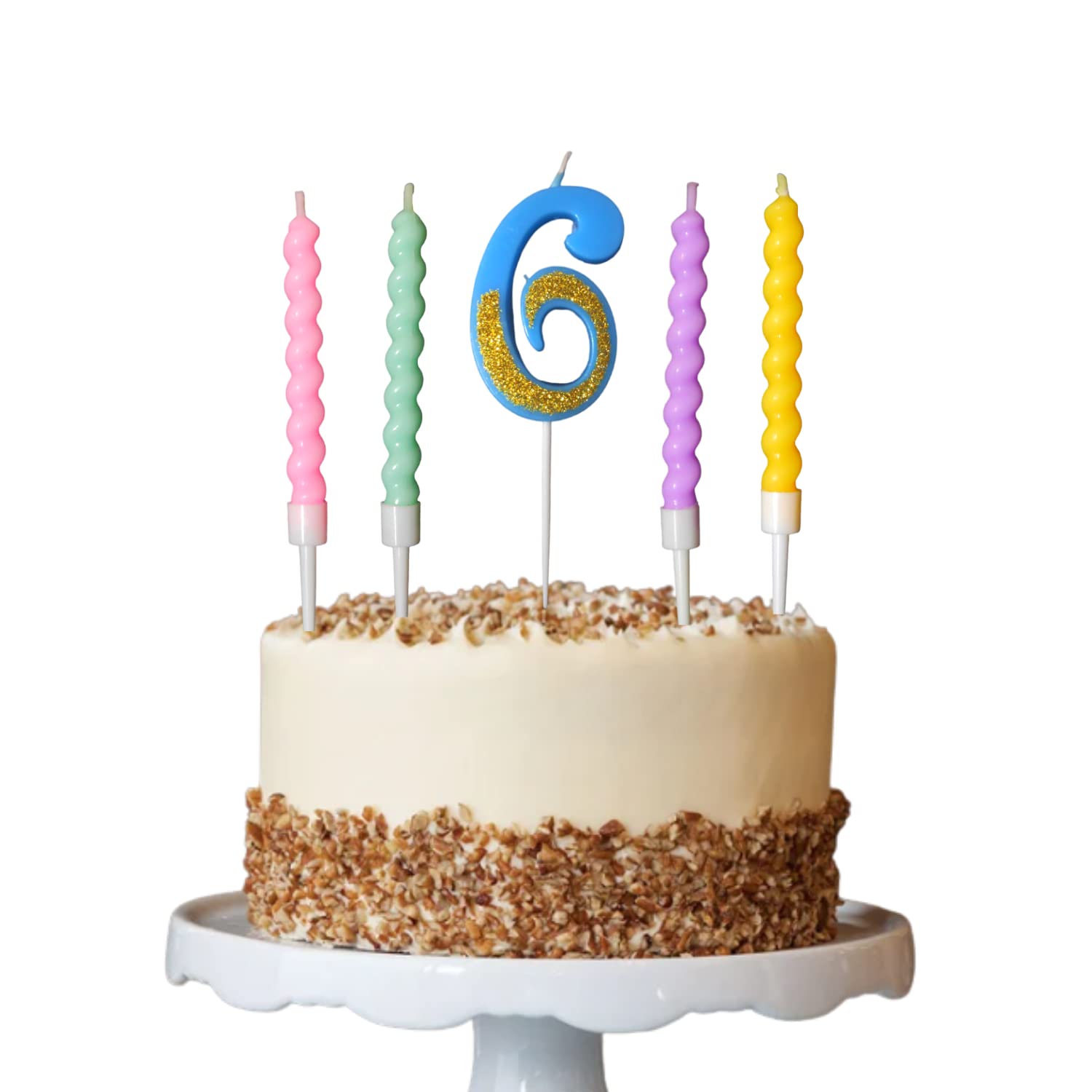 Party Decorz Number 6 Candle | Six Number Candle | Six Number Blue Glitter Candle with Pastel Twisted Candle Set of 5pcs for Bir