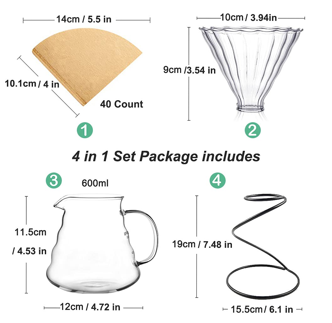 Pour Over Coffee Maker Set - Includes Glass Coffee Dripper, Metal Dripper Stand, Heat Resistance 600Ml Coffee Server And 40 Coun