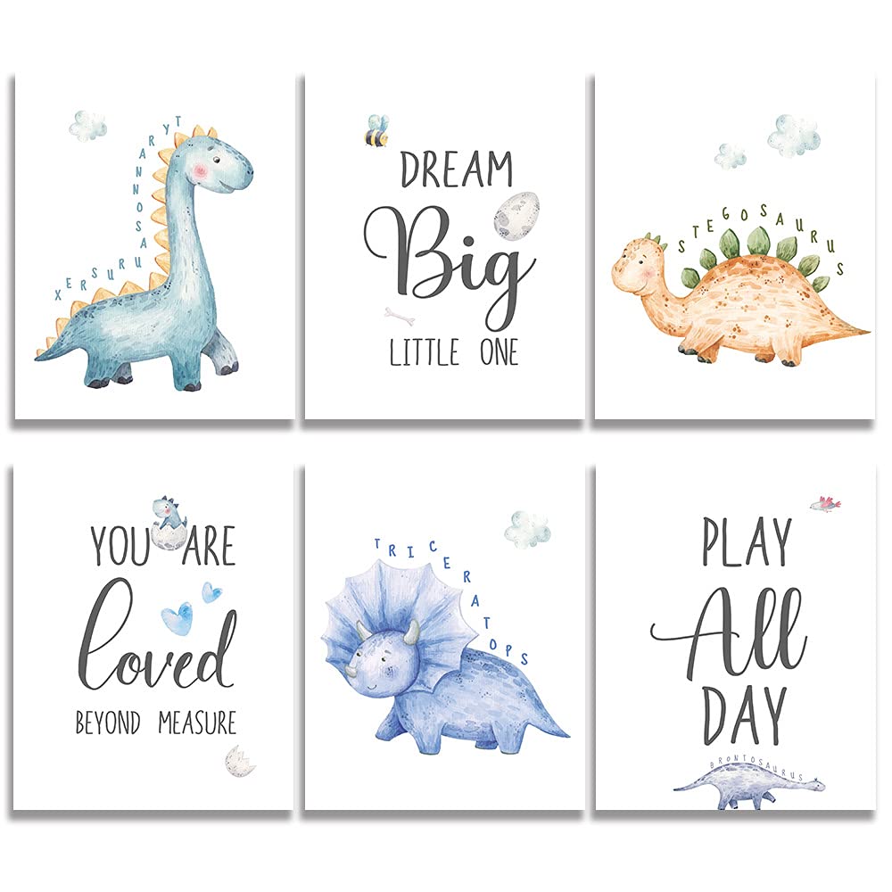 Suuura-Oo Dream Big Cute Baby Dinosaur Watercolor Art Print, Set Of 6 (8   X10   ) Dinosaur Inspirational Decor, Dinosaur Love Q