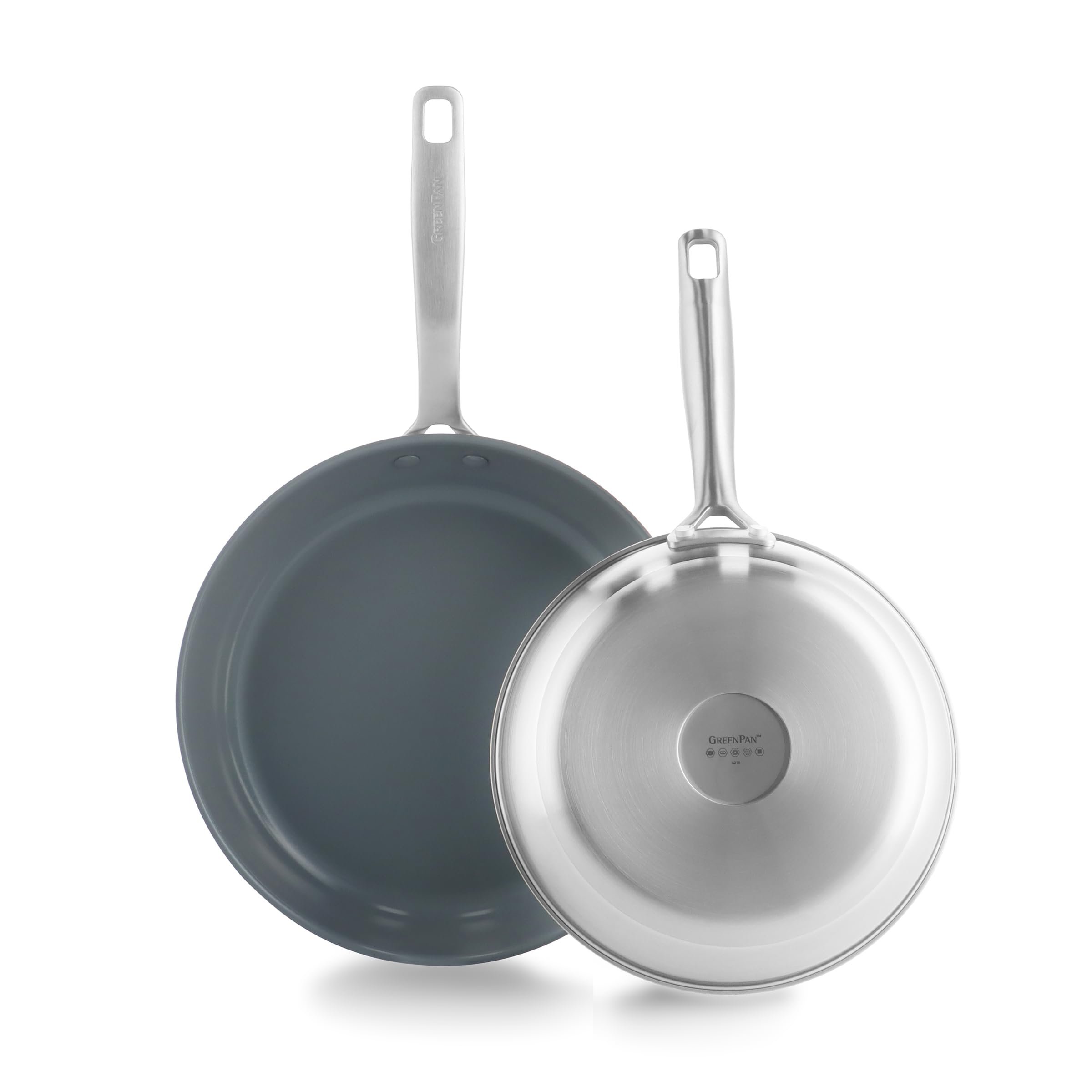 GreenPan Treviso 9.5    and 11    Frying Pan skillet Set, Non-Toxic PFAS-Free Stainless Steel Ceramic Nonstick Coating, Inductio