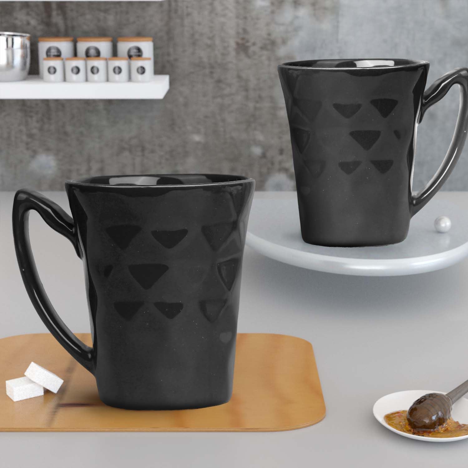 The Earth Store Conical Black Diamond Ceramic Coffee Mug Set 350ml, Microwave & Dishwsher Safe Tea/Milk Mug, Ideal for Home, Off