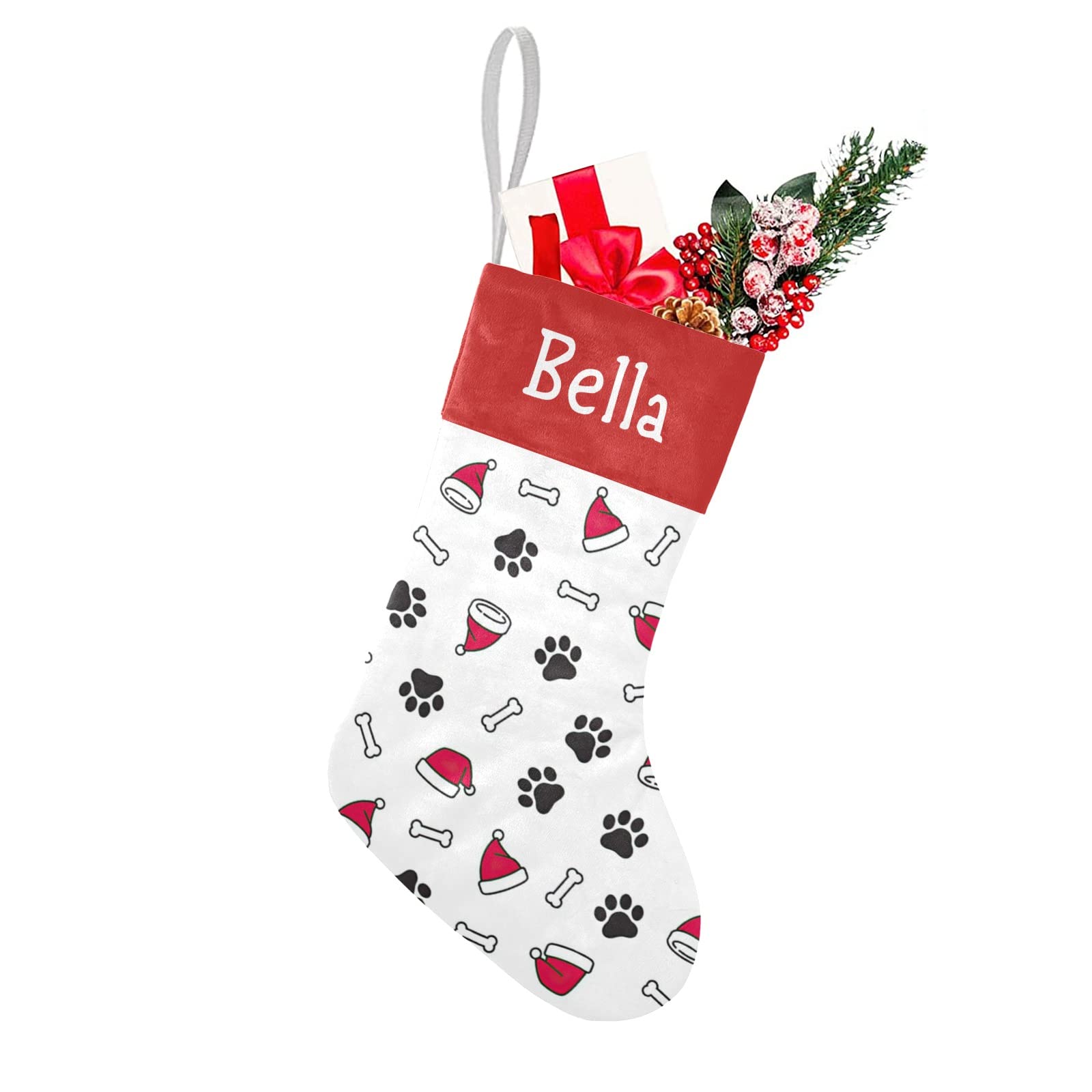 Personalized Name Cute Puppy Paws Santa Hats Bones Christmas Stockings Text Custom Xmas Holiday Pup Dog Gift Decor 17.52 x 7.87 