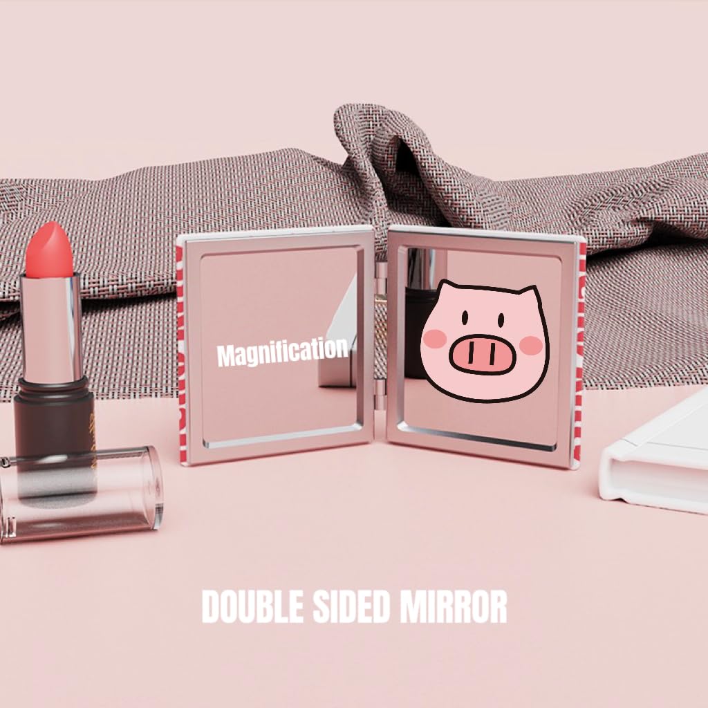 KOZUKI Kitty Compact Pink Magnifier Mirror - 2.6L x 2.7W - Makeup Mirror with Leather Frame - Cat Theme - Double-Sided with Magn