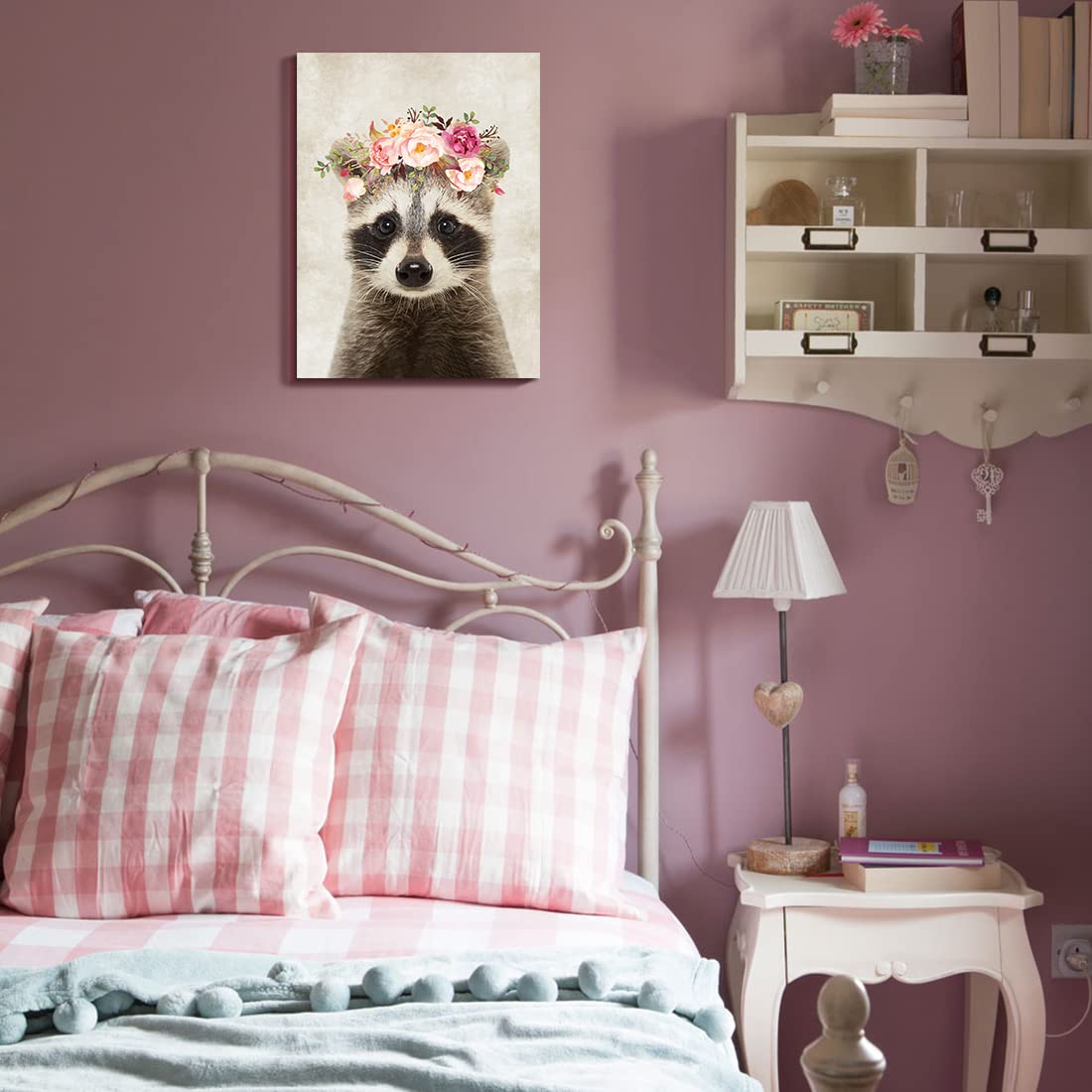 Oridomy Cute Raccoon Canvas Painting Retro Animal Portrait Wall Art Decor Funny Raccoon With Garland Picture Framed Safari Anima