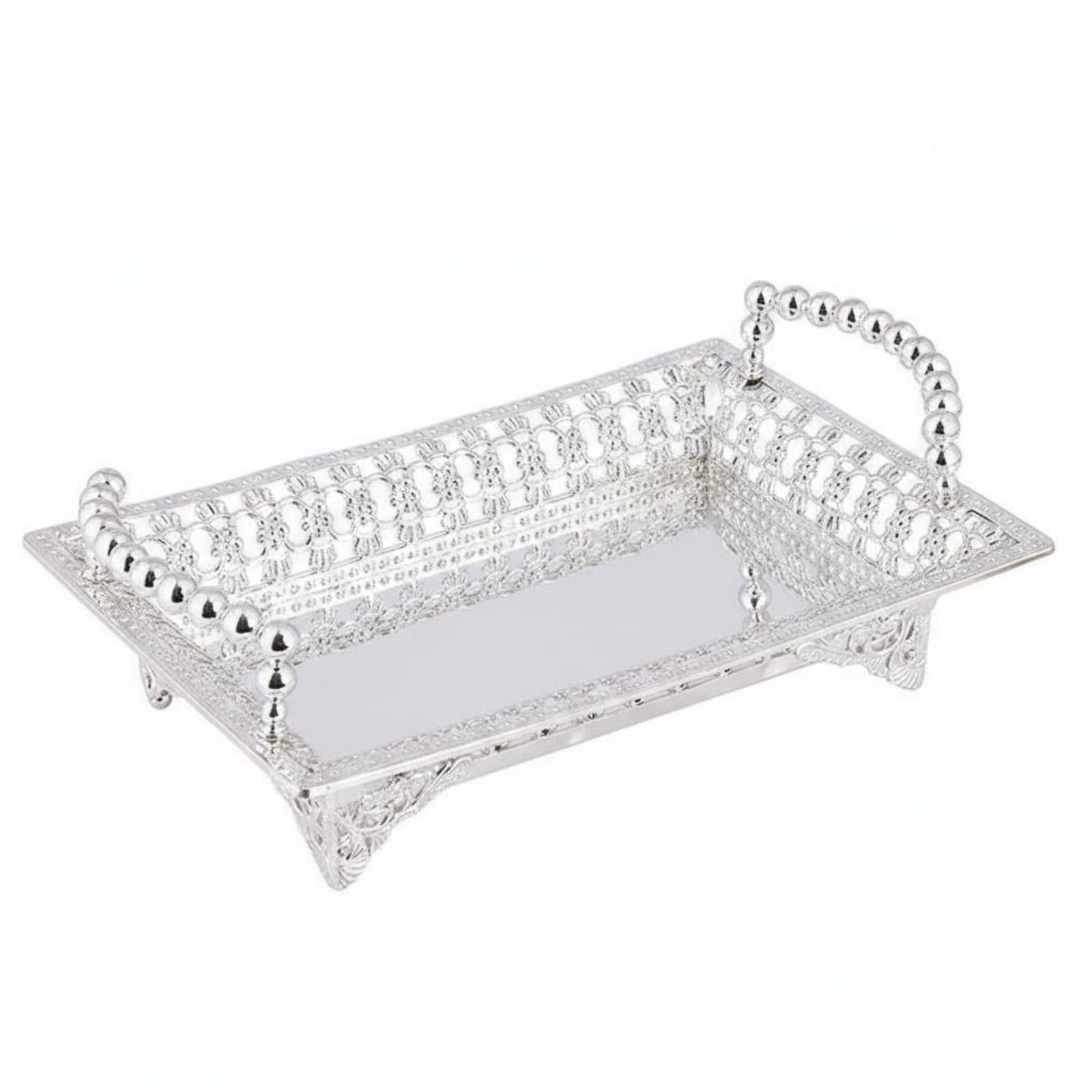 Enakshi Gold Metal Tray Nordic Aesthetic Decorative Candy Tray Wedding Gift Home Decor For Living Room, Coffee Table, Silver, 30