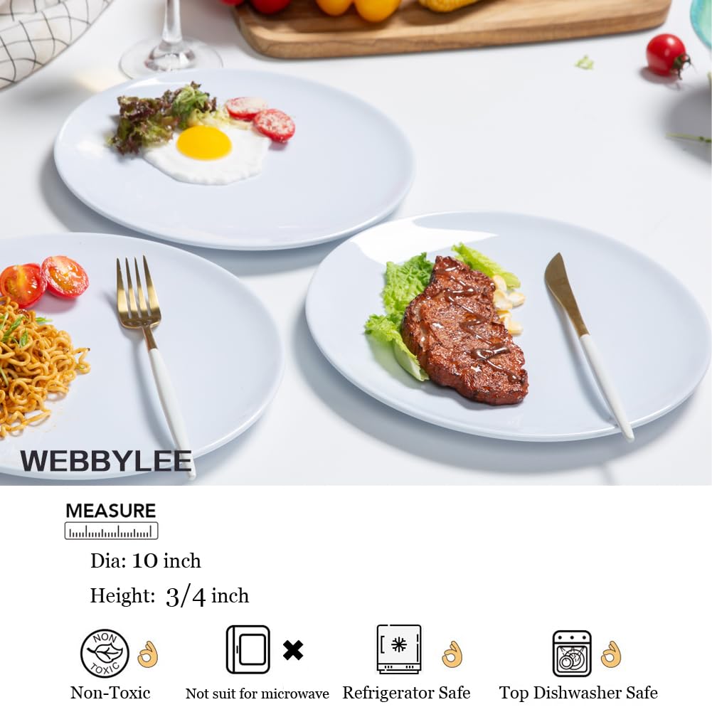 Webbylee Melamine Dinner Plates - 6Pcs 10Inch Dinnerware Dishes Set For Indoor And Outdoor Use, Break-Resistant, White