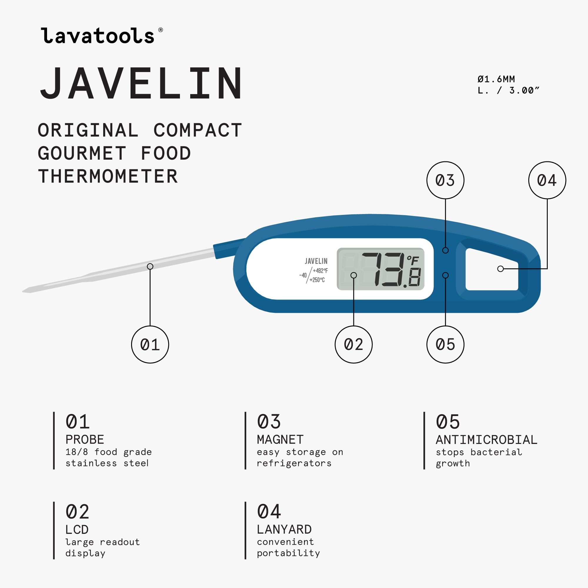 Lavatools Javelin Ultra-Fast 3-Second Digital Instant Read Meat Thermometer for Grill and Cooking, 2.75 Probe, Compact Foldable