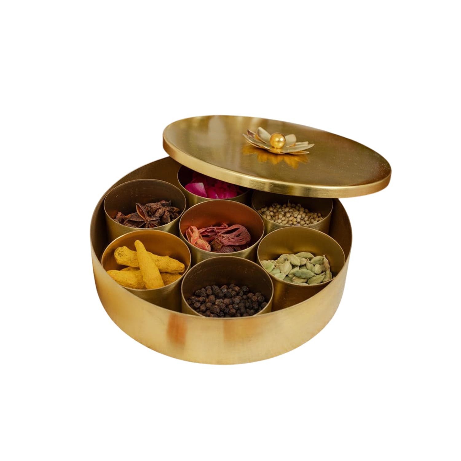 Marble Lotus Handcrafted Brass Masala Dabba  7 Compartment Indian Spice Box Set for Kitchen with Lid & Spoon | Traditional Kitc