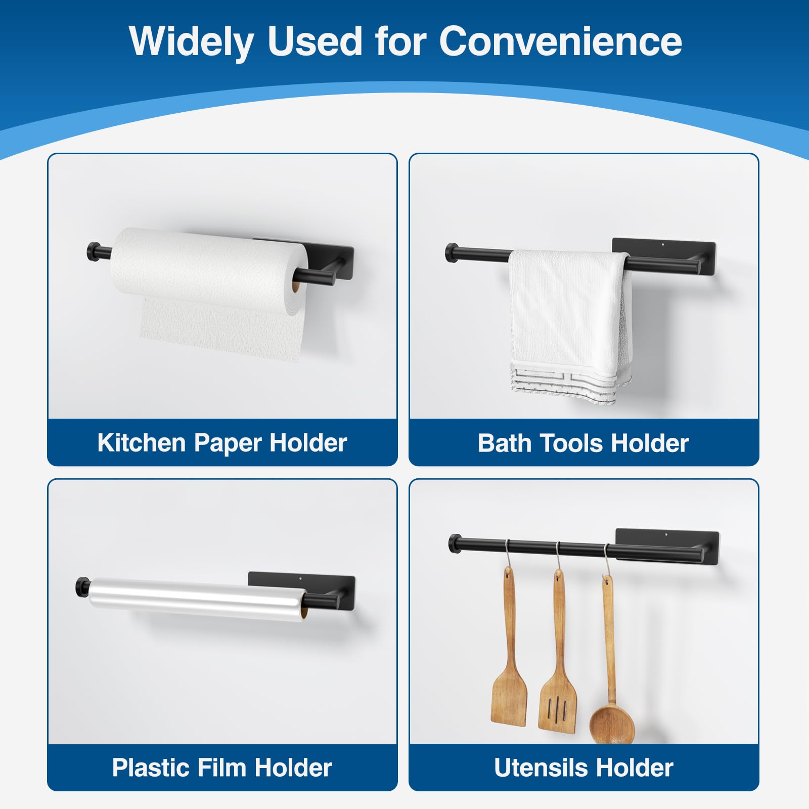 Paper Towel Holder - Self-Adhesive Or Drilling, Matte Black Wall Mounted Rack - Sus304 Stainless Steel Kitchen Roll Holder Under