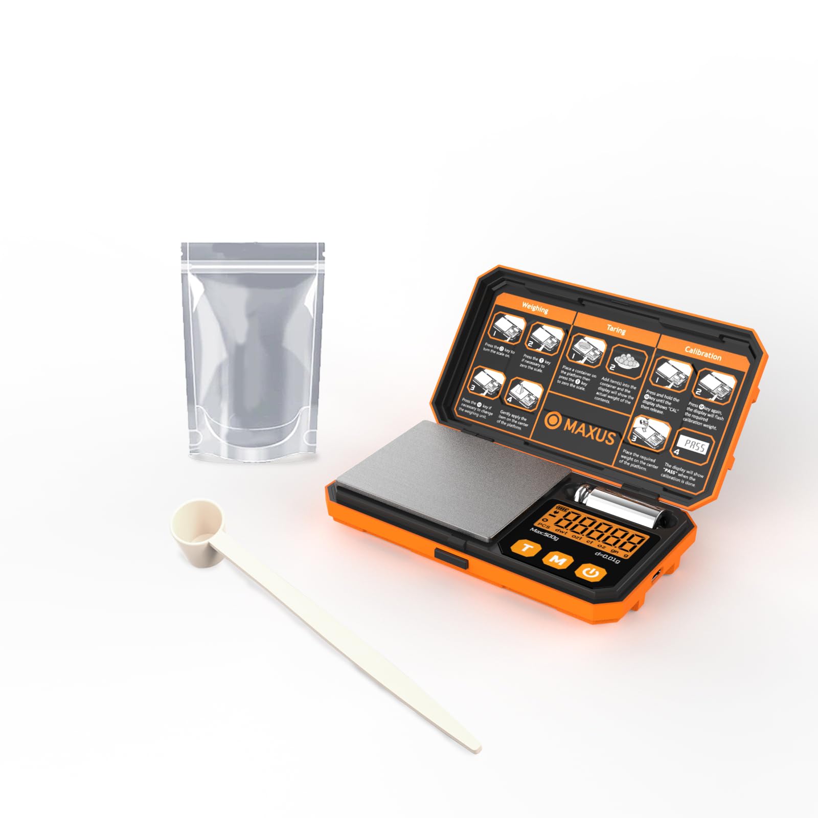 MAXUS 500g x 0.01g Digital Gram Scale with USB and Battery Power, Precision Pocket Scale with 50g Calibration Weight and Self-Se