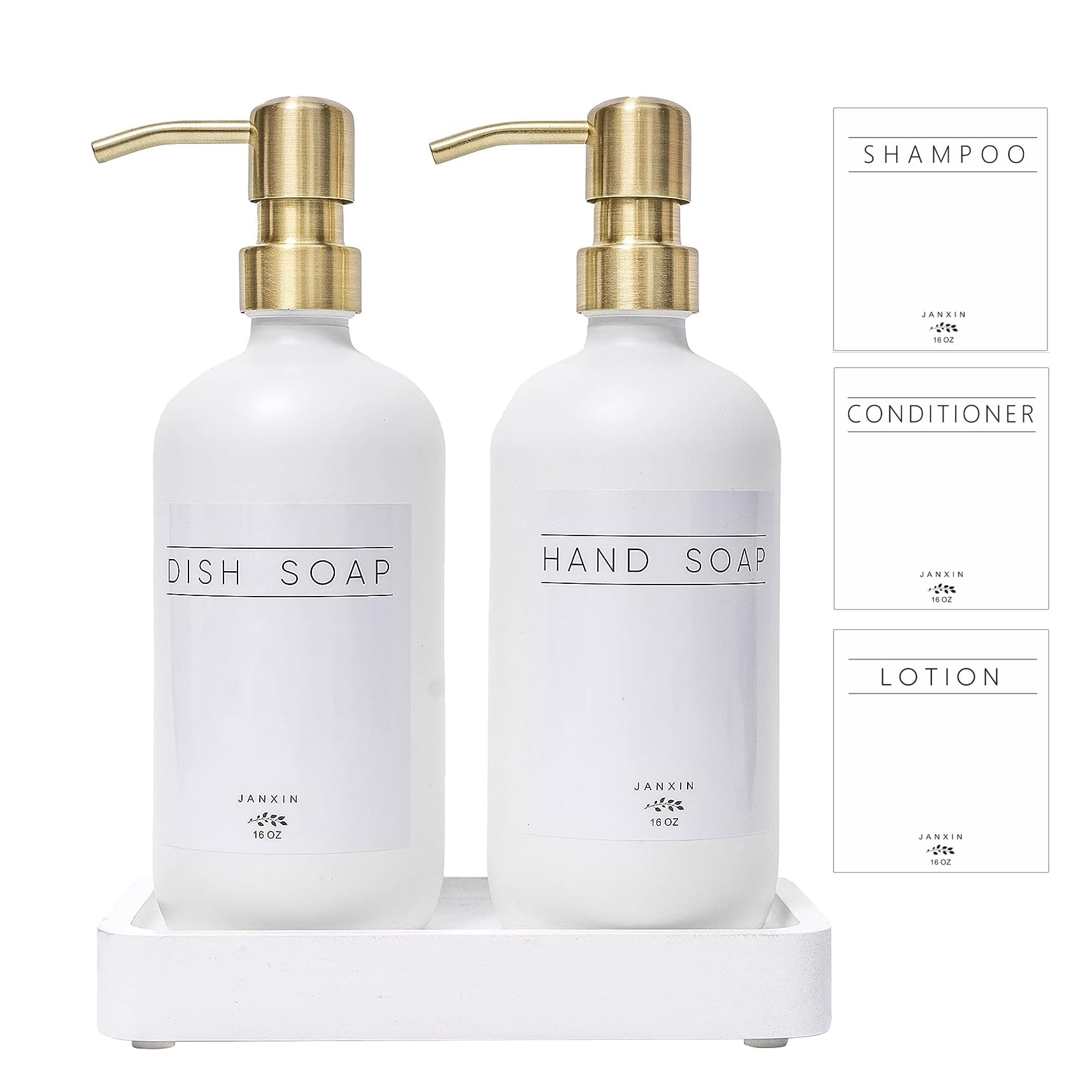 Janxin Glass Soap Dispenser for Kitchen with Stainless Steel Pump and Wood Tray  Modern Bathroom Dispenser with Waterproof Labels for Hand  Dish Soap  Lotion(White Bottles+Gold Pumps)