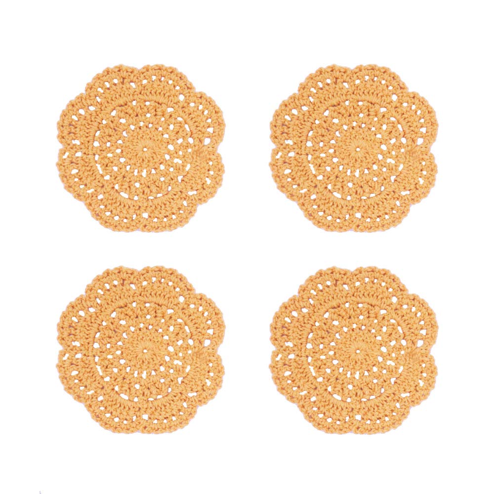 Phantomon Lace Round Crochet Doilies Handmade Coasters, 4-Inch, Pack of 4 (Ginger Yellow)