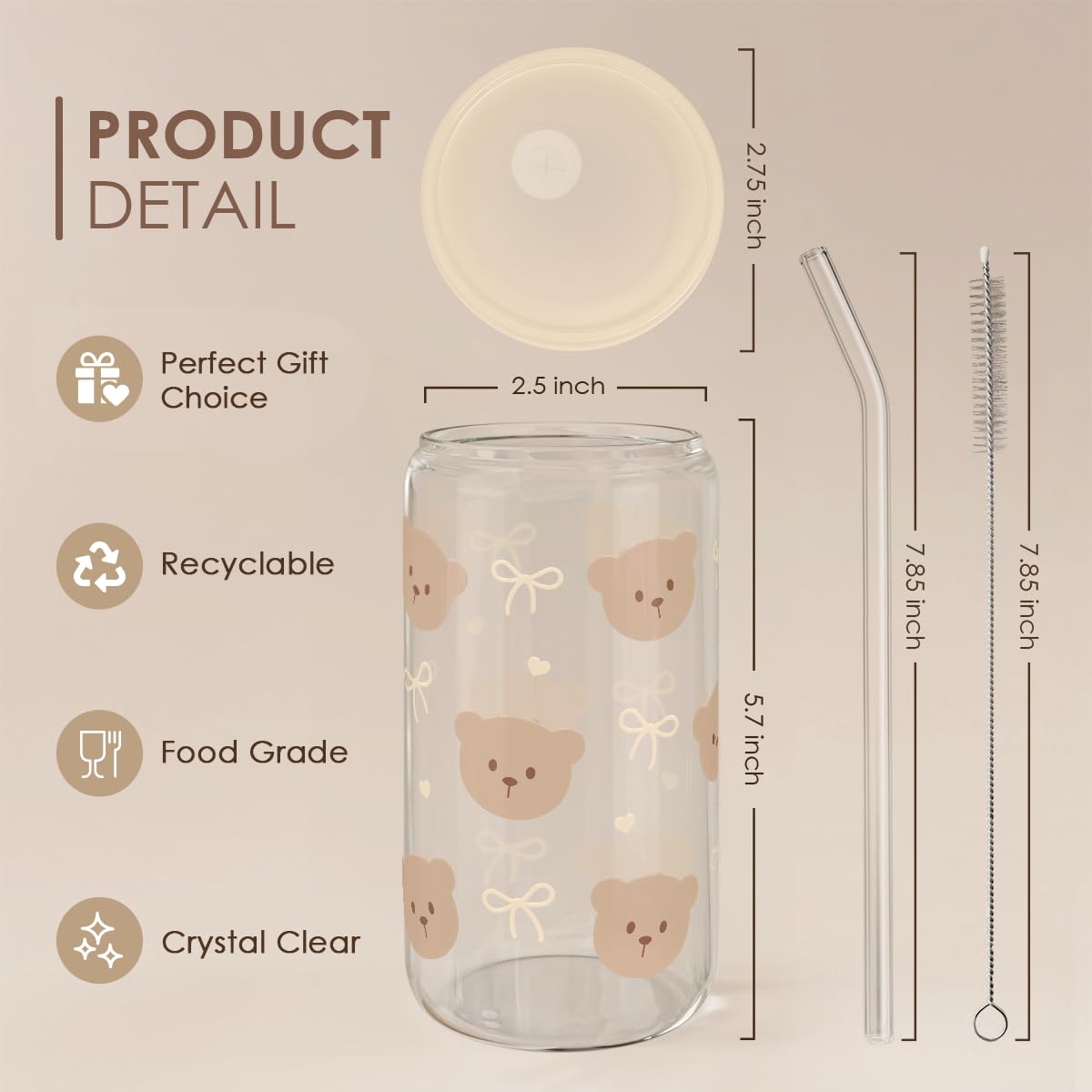 Bear Glass Can, Iced Coffee Aesthetic Cup, Gift for Christmas Birthday, Gifts for Women Girls, 16oz