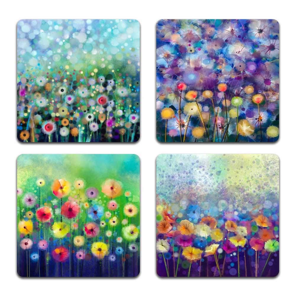 Beautiful Watercolor Flowers Square Coaster Set - Made Of Recycled Rubber - Set Of 4