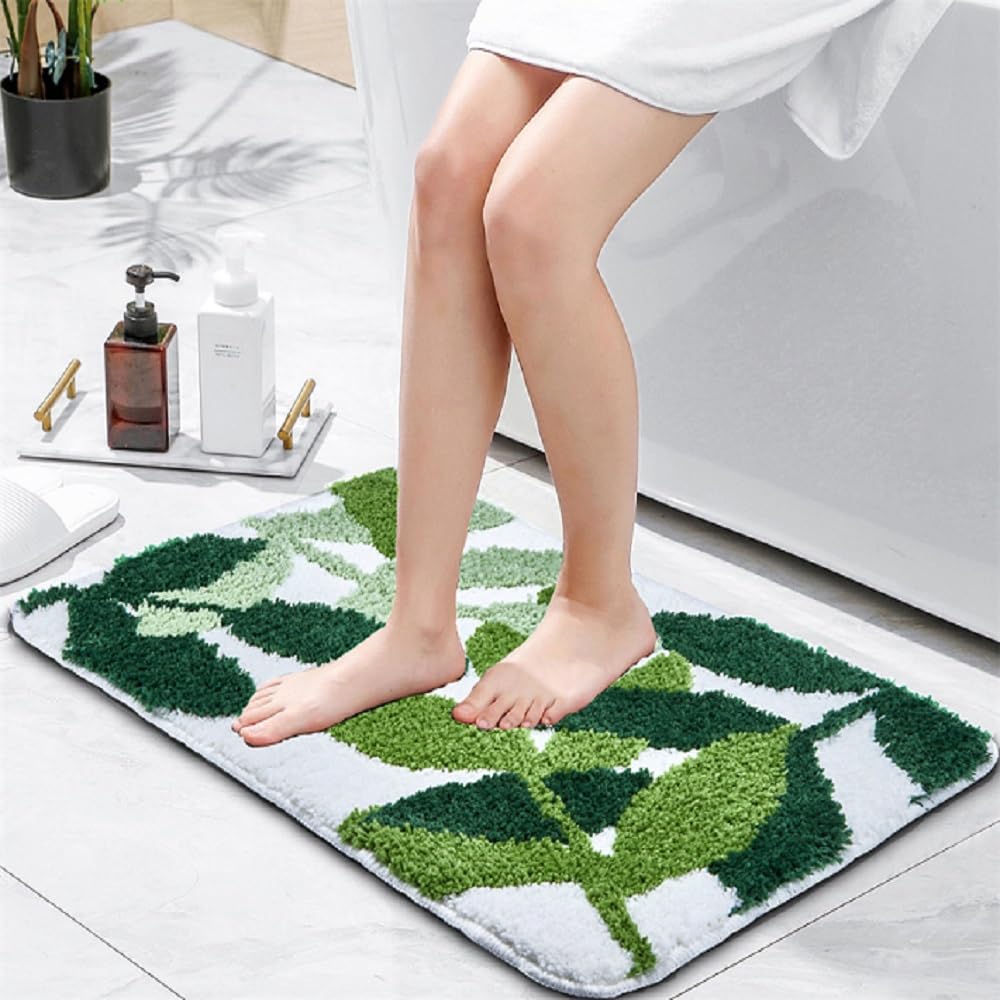 Baahrnom Tufted Bathroom Rugs 24'' X 17'' Extra Soft Green Bath Mat Machine Washable Cute Leaf Rug Non Slip Durable For Kitchen