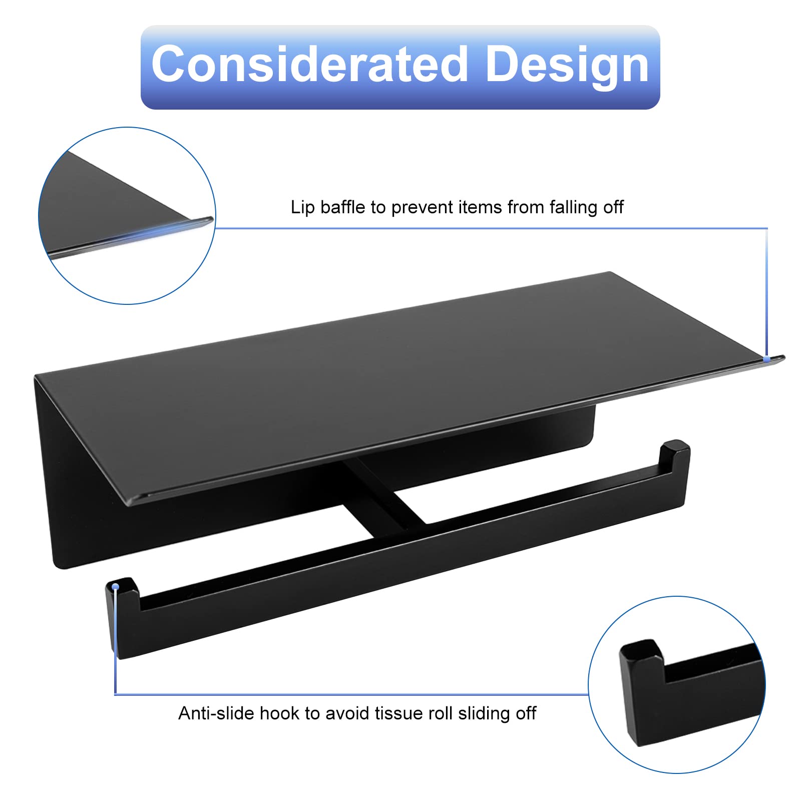 Black Toilet Paper Holder With Shelf, Idealmax Double Roll Toilet Tissue Holder Wall Mount For Bathroom, Matte Black Toilet Pape