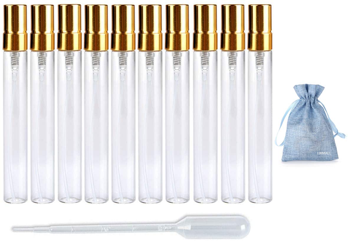 JJKMALL- 10pcs Slim Fine Mist 10ml 1/3oz Gold Atomizer Clear Glass Bottle Vial Spray Refillable Liquid Fragrance Perfume Empty S