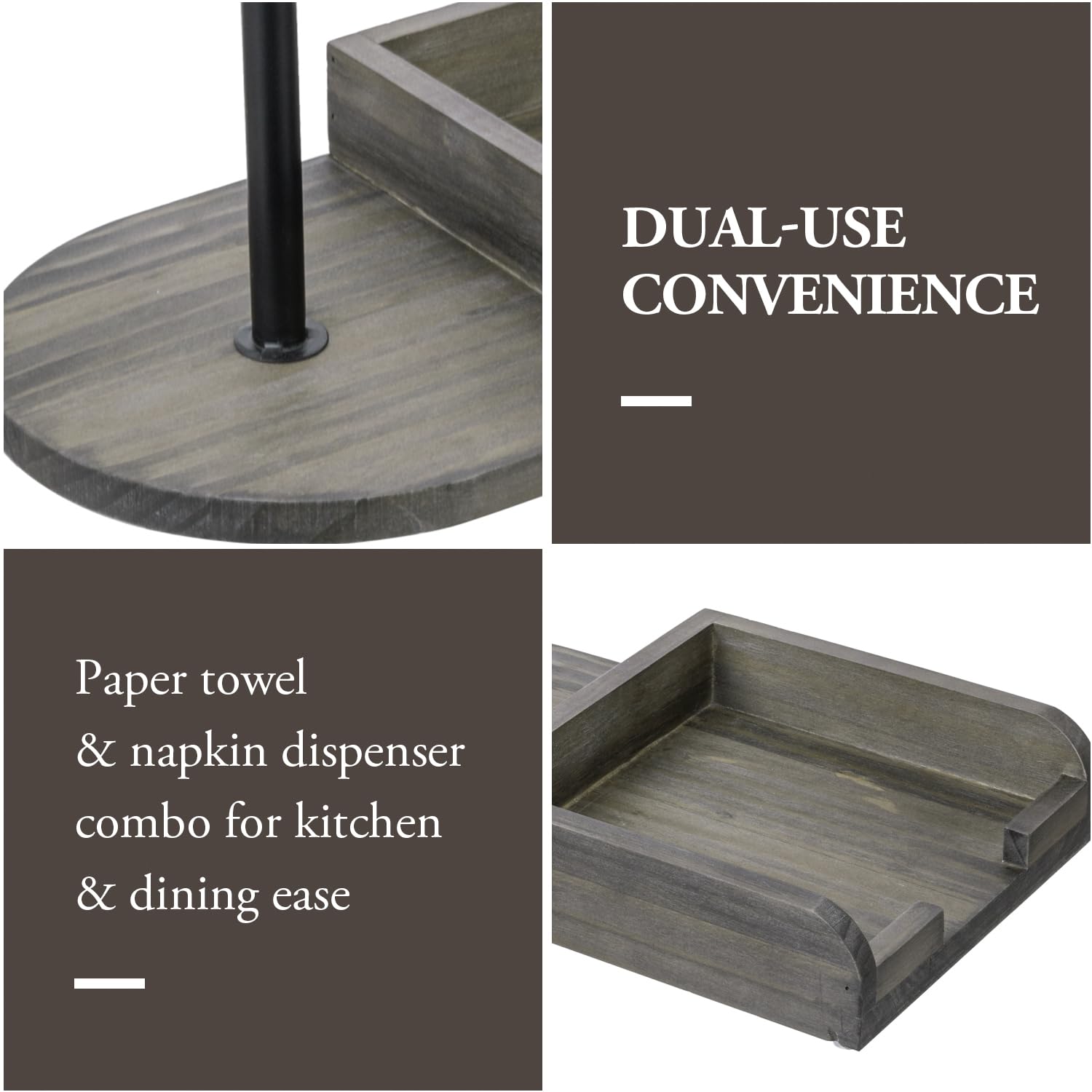 Mygift Vintage Weathered Gray Solid Wood And Black Metal Paper Towel Roll Holder And Napkin Dispenser Combination Storage Rack F