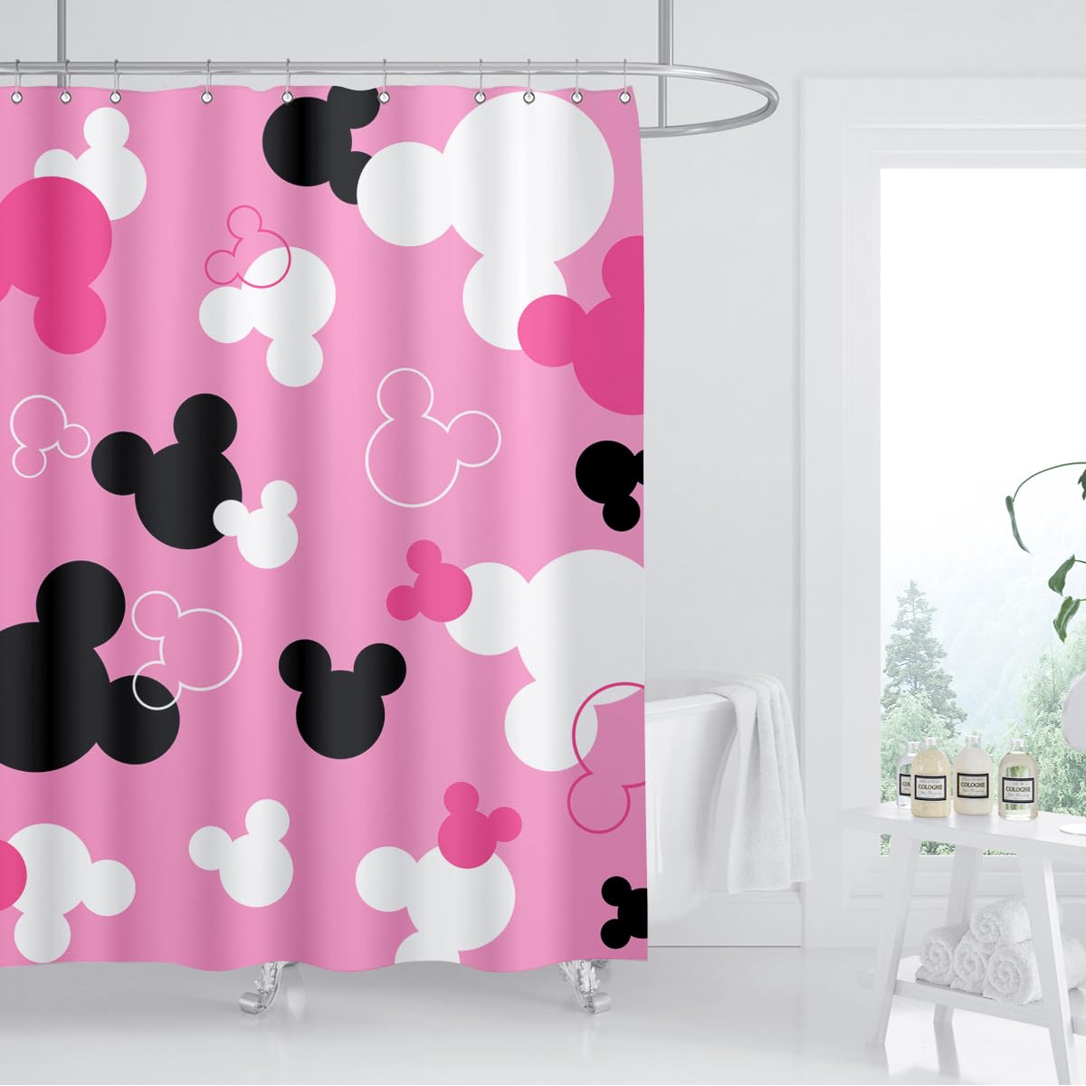 Biysuc Pink Mouse Head Shower Curtain Black And White Children Cartoons Kids Bath Curtain Cute Animal Grey Bathroom Home Decor W