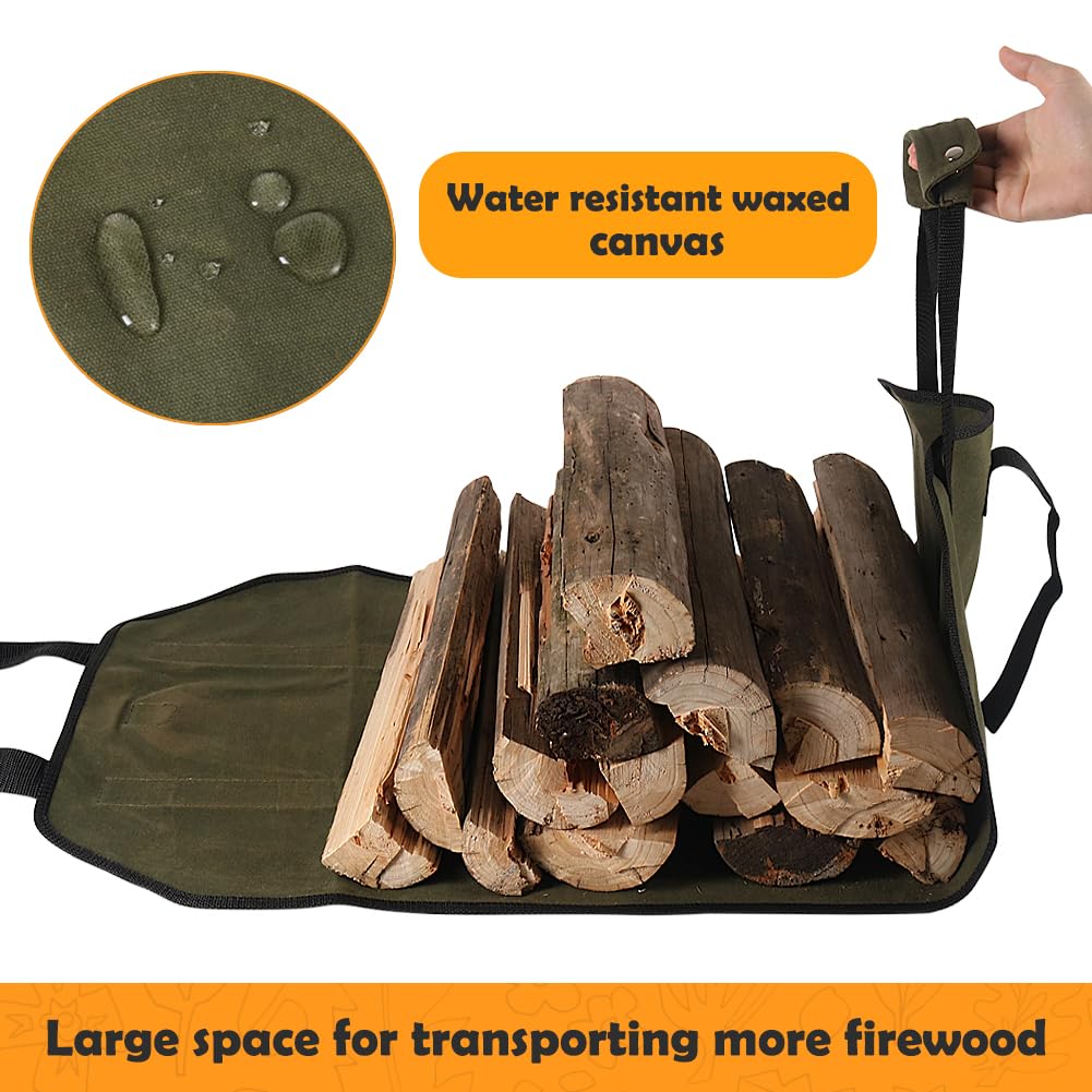 HRX Package Waxed Canvas Firewood Bag Carrier  Water Resistant Log Tote Wood Carrying Bag With Handles for Camping Trip Christmas Gift