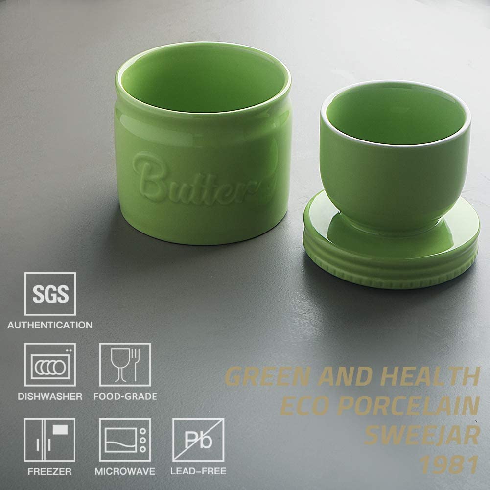 Sweejar Porcelain Butter Keeper Crock - Green Ceramic French Butter Dish with Water Line for Soft Butter