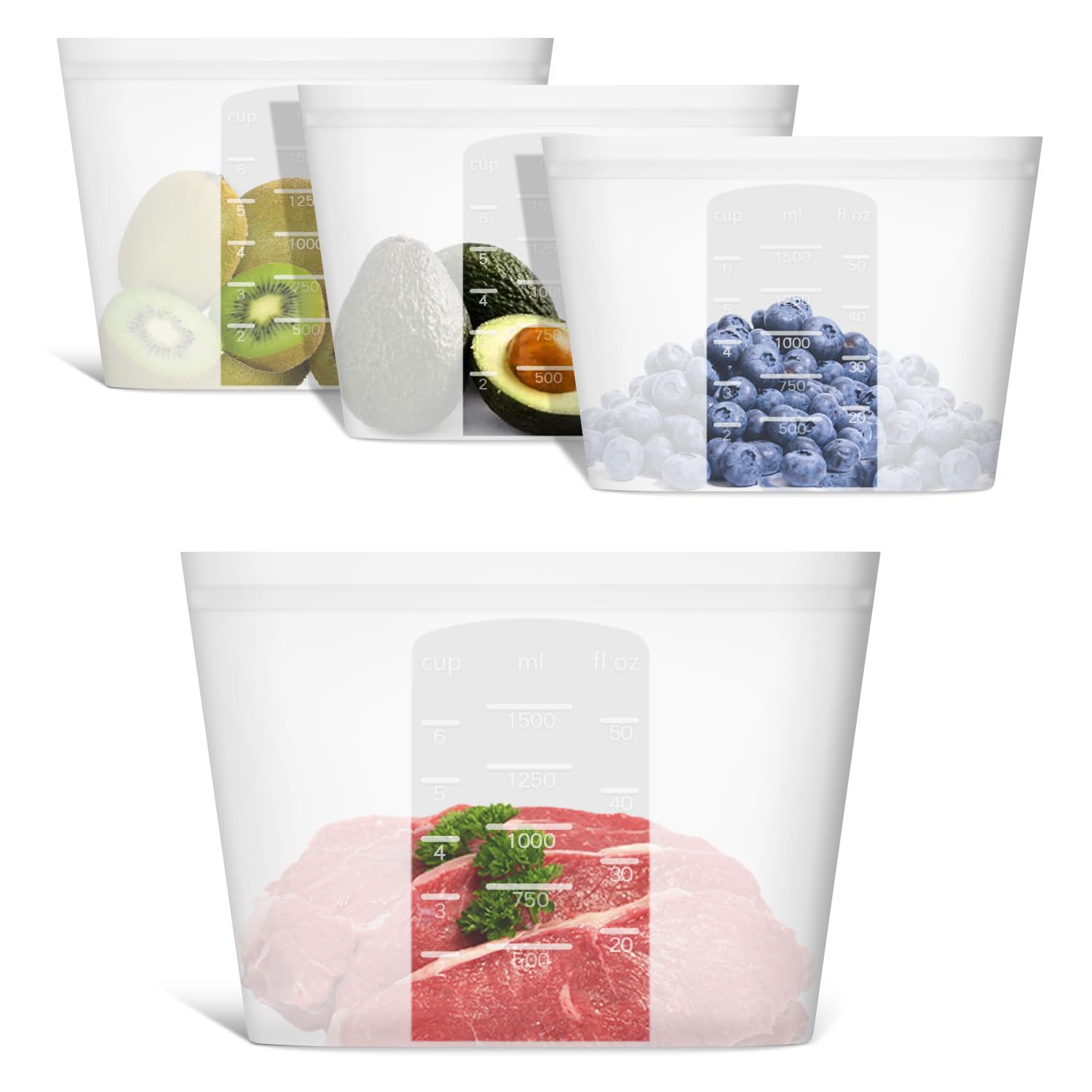 Annaklin Large Reusable Food Bags 4 Pack, 1.5 Quart(50.7Fl.Oz) 100% Silicone Food Storage Bags Stand Up Zip Silicone Bags For Fo