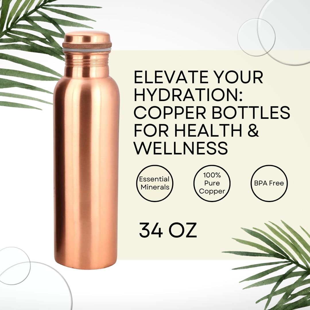 Perilla Home Plain Copper Water Bottle 34 Oz Leak Proof 100% Pure Ayurvedic Copper Vessel with Lid - Drink More Water and Enjoy Health Benefits Immediately/Yoga Bottle