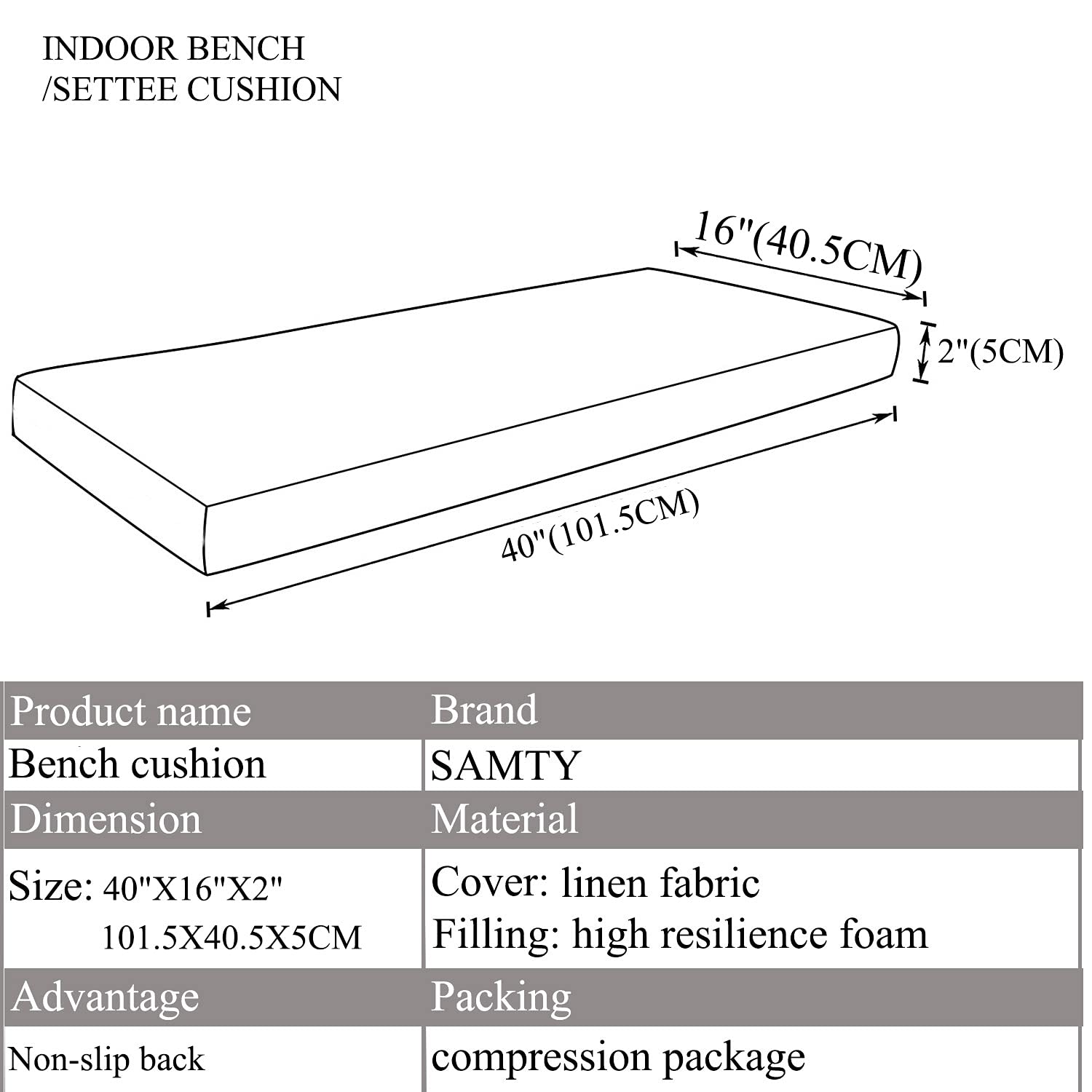 Bench Seat Memory Foam Chair Pads Non-Slip Rubber Back Indoor Swing/Settee Cushion 40 x 16 inch  Khaki