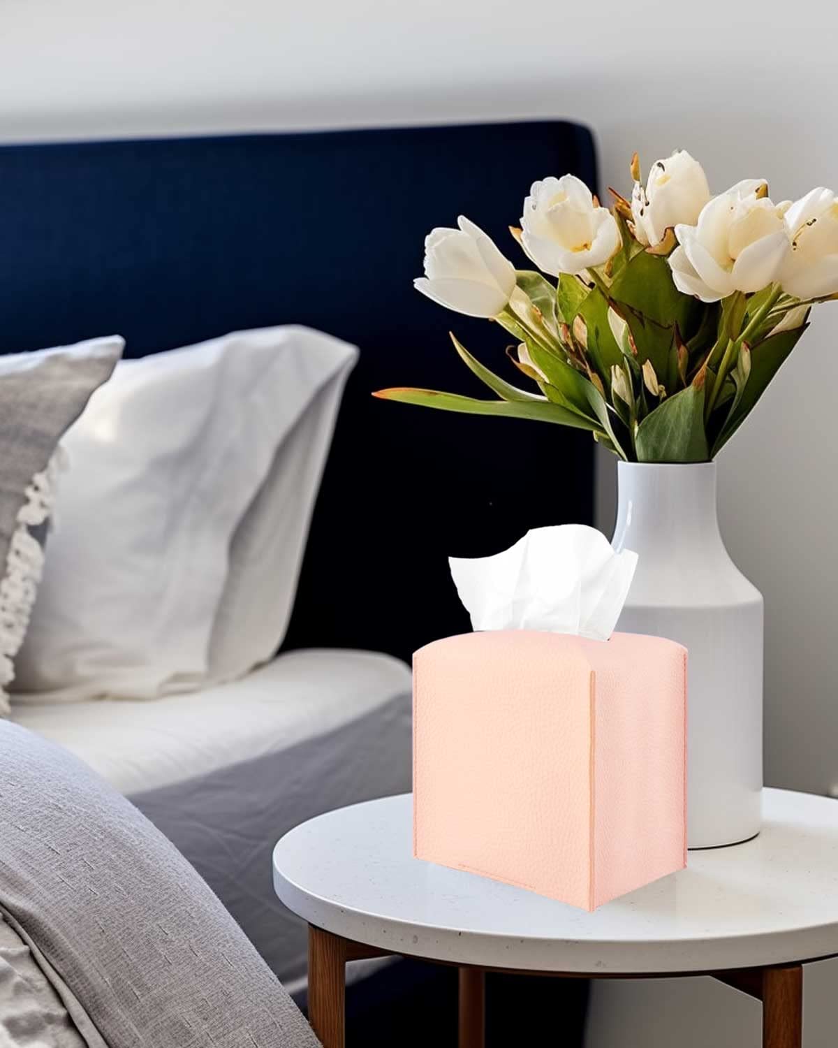 Pink Tissue Box Cover Leather - With Bottom Belt [Jesmini] Decorative Modern Pu Leather Tissue Box Holder For Bathroom Vanity/Ni