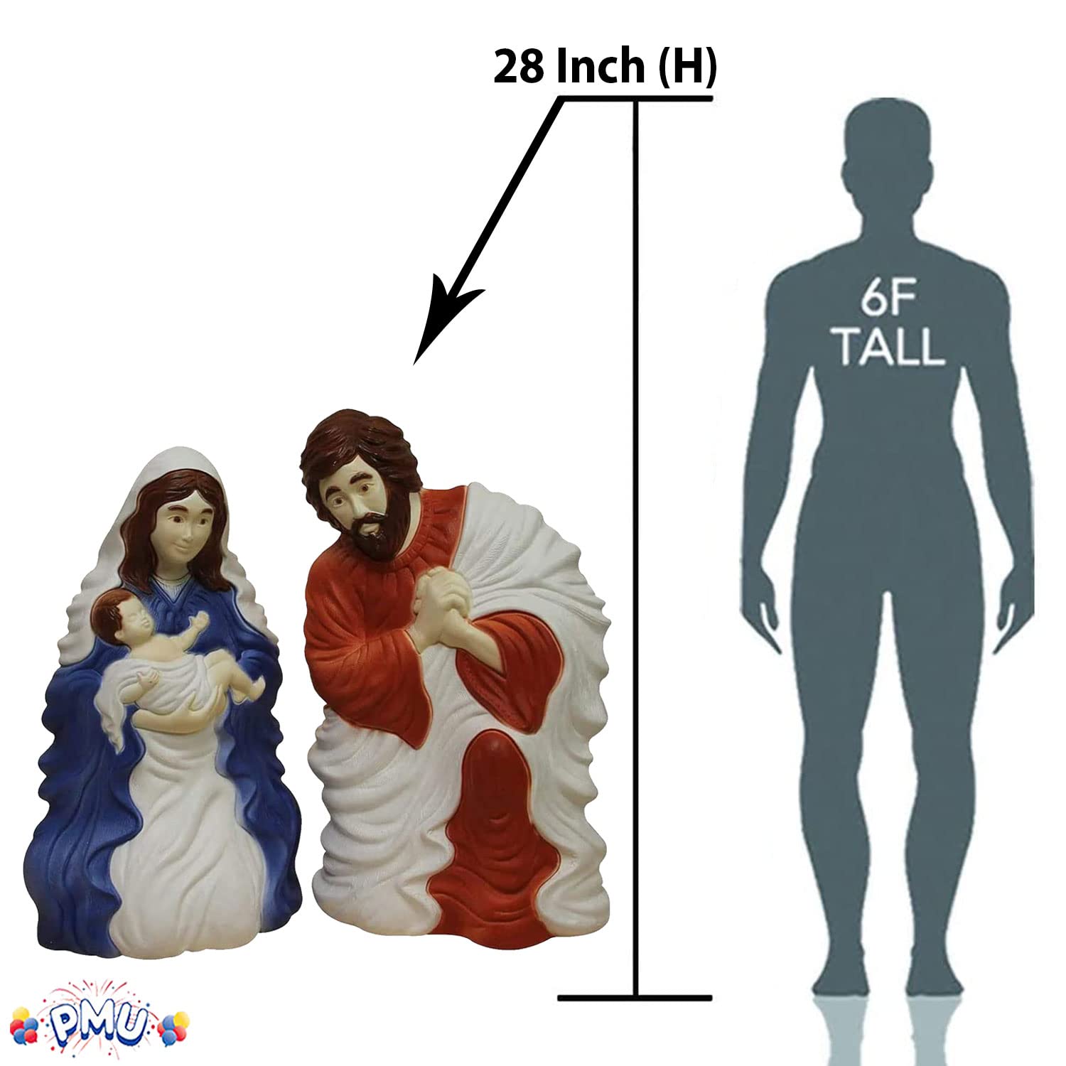 PMU Christmas Light-Up Nativity Set - Plastic Blow Mold 2 Piece Statue Illuminated with 6  Cord and Light - Nativity Family Set