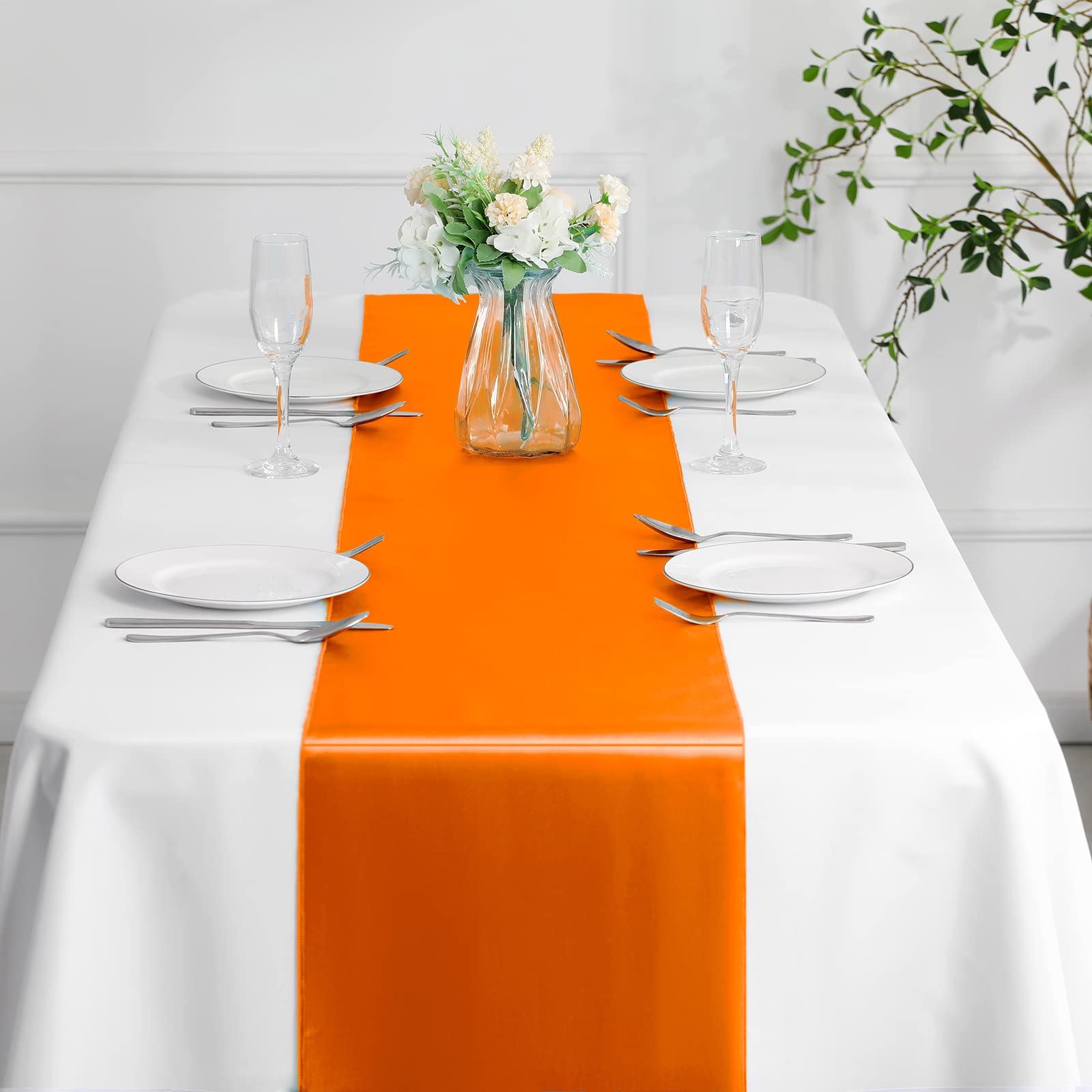 Manyshofu 4Pcs Satin Orange Table Runner - 12 x 72 Inch Long Size  Party Table Runner Decor Bright & Smooth Wedding Decorations Table Runner for Banquet Chef Birthday Buffet Dinner Graduations